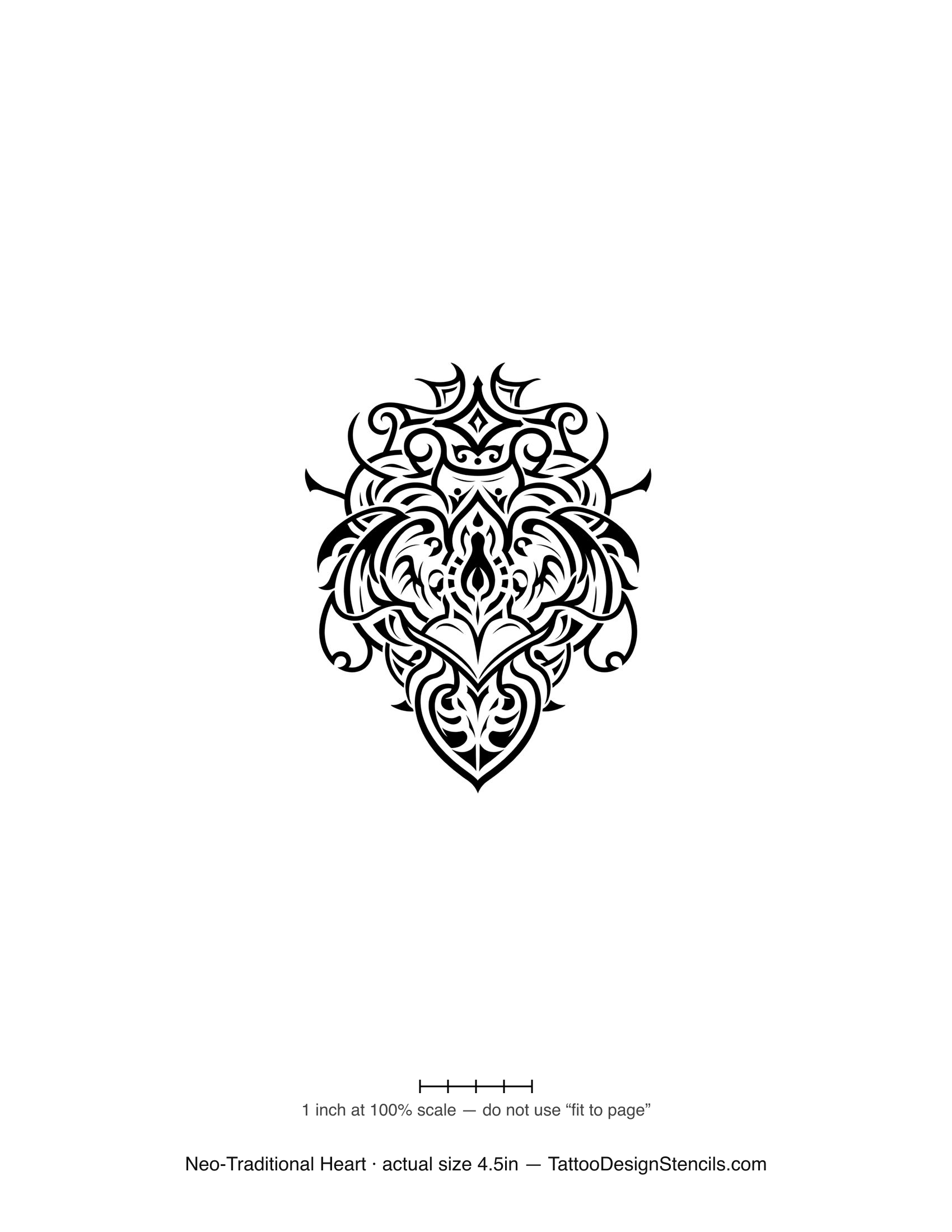 Neo-traditional heart tattoo stencil — ornate heart with filigree framing