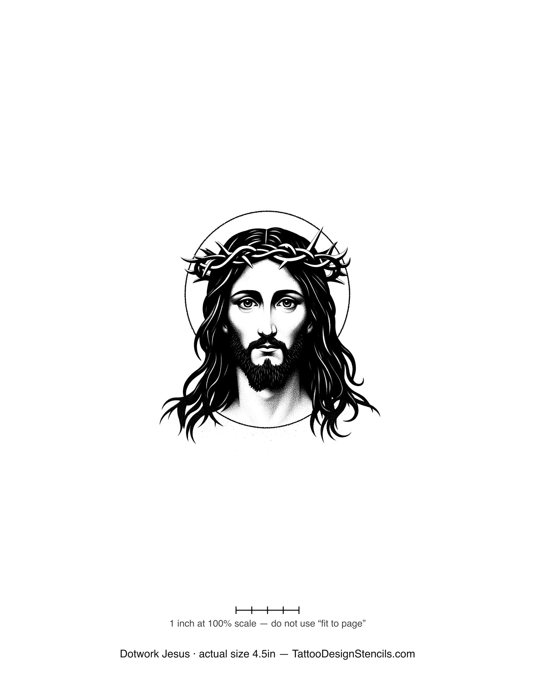 Dotwork Jesus tattoo stencil — haloed portrait in fine stipple