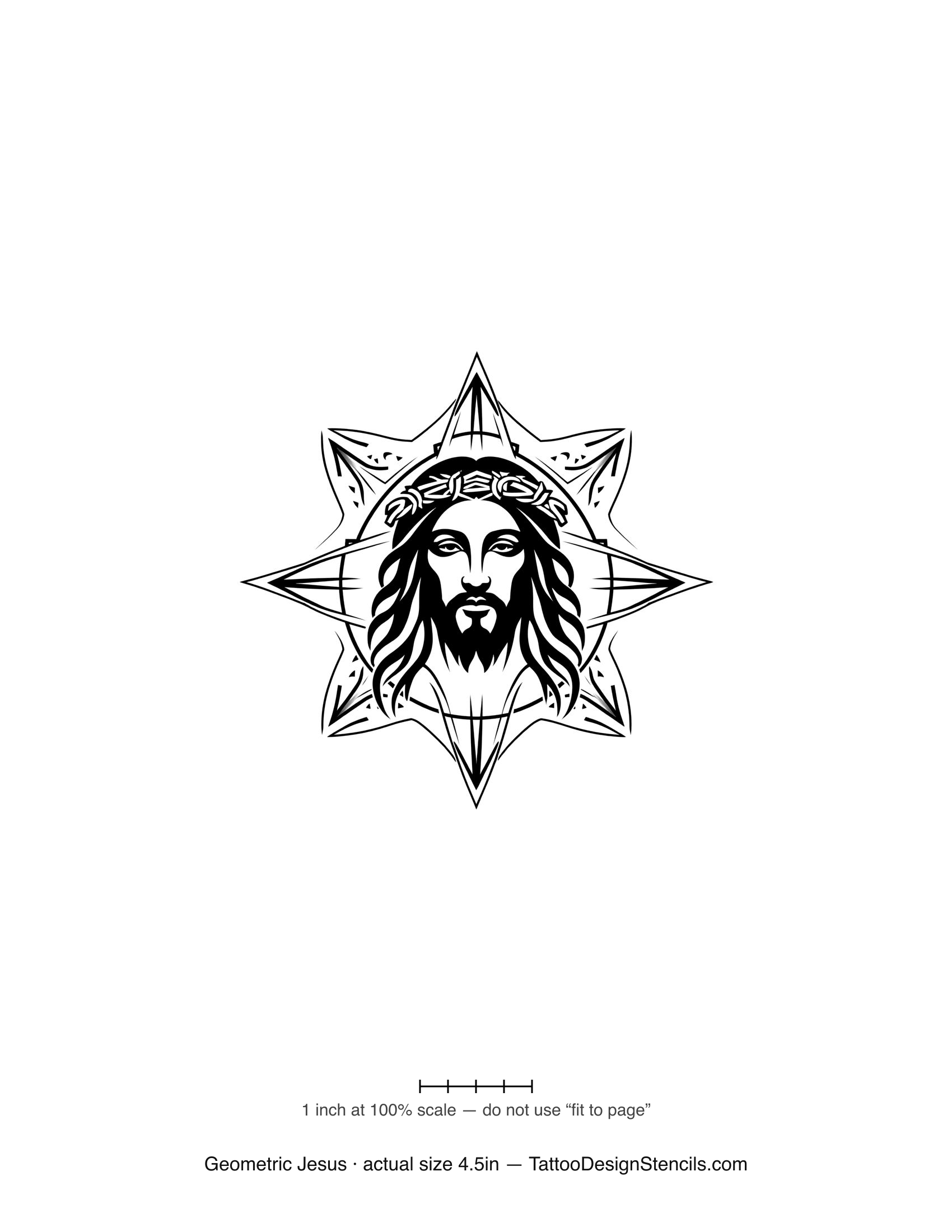 Geometric Jesus tattoo stencil — portrait in a geometric star frame
