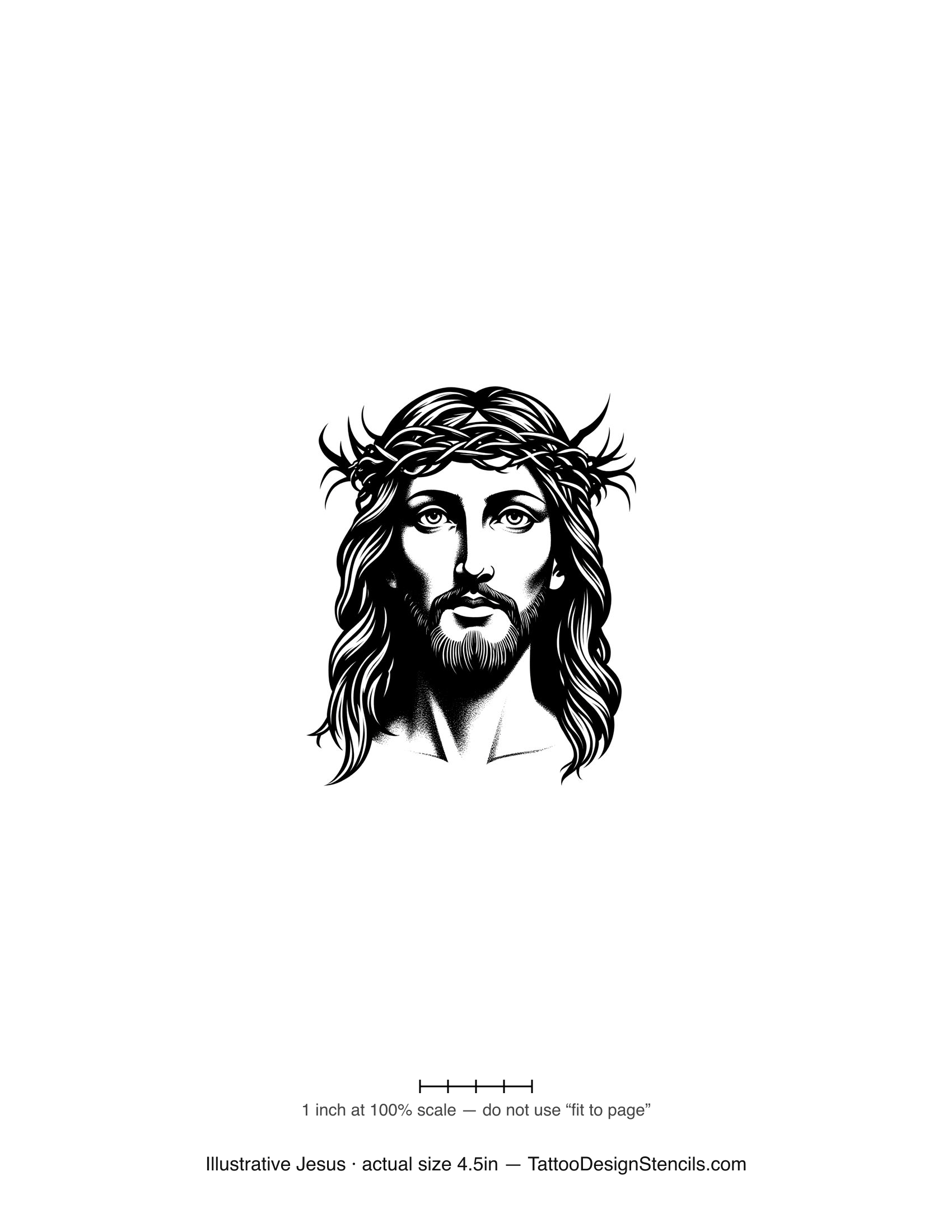 Illustrative Jesus tattoo stencil — detailed portrait with crown of thorns