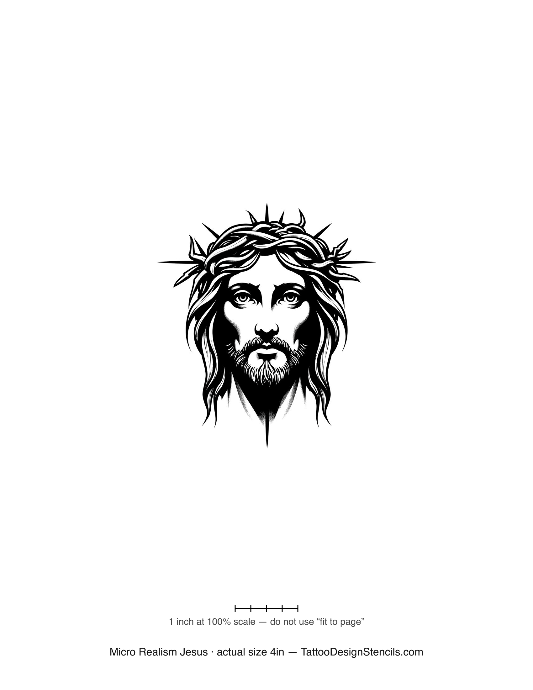 Micro realism Jesus tattoo stencil — realistic detailed portrait