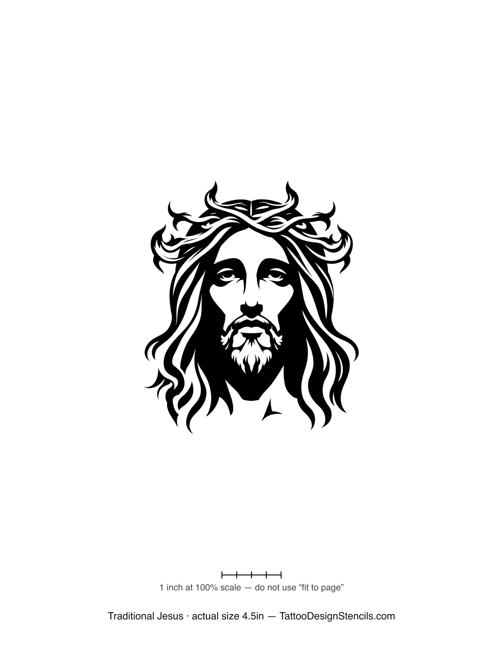 Traditional Jesus tattoo stencil — bold old-school portrait