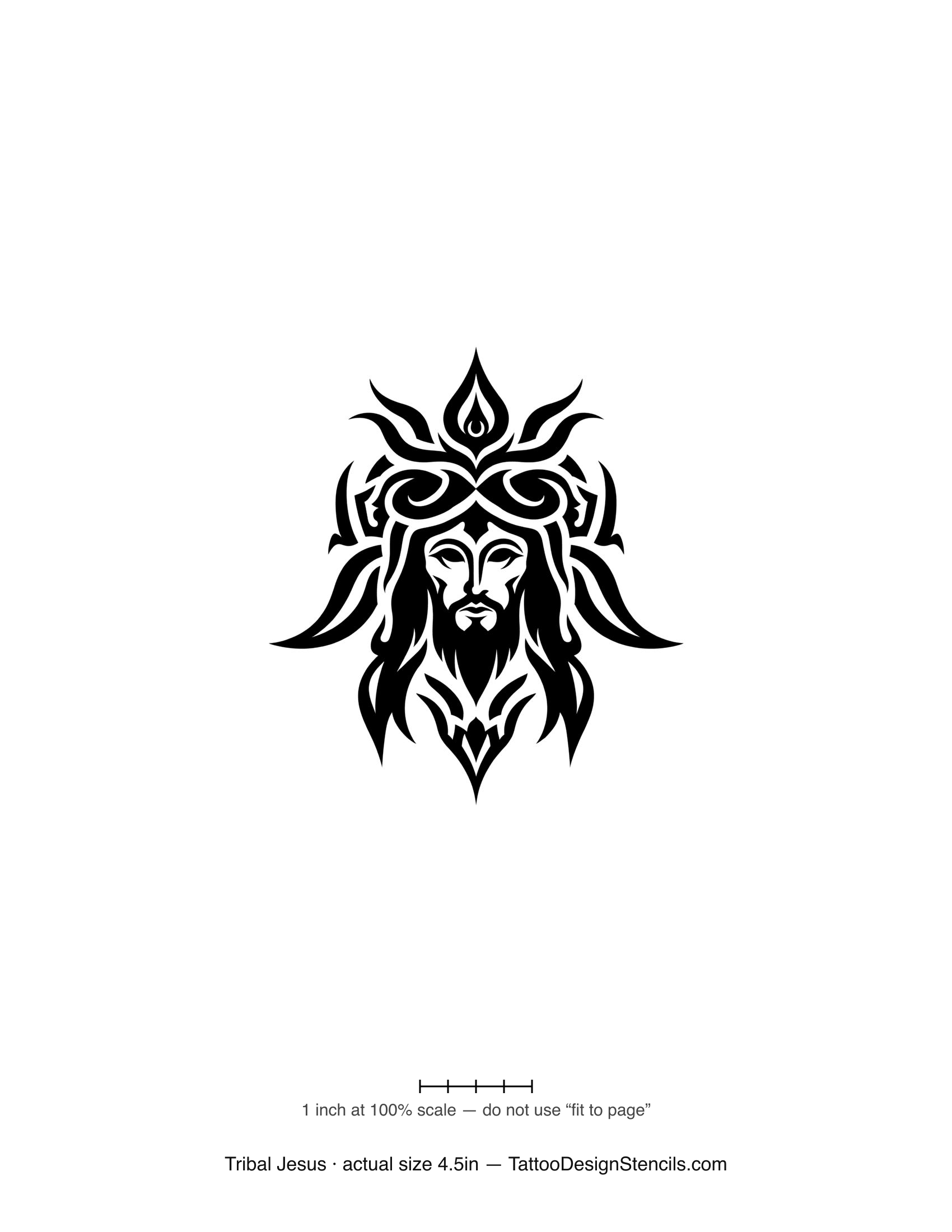 Tribal Jesus tattoo stencil — portrait in bold tribal flames