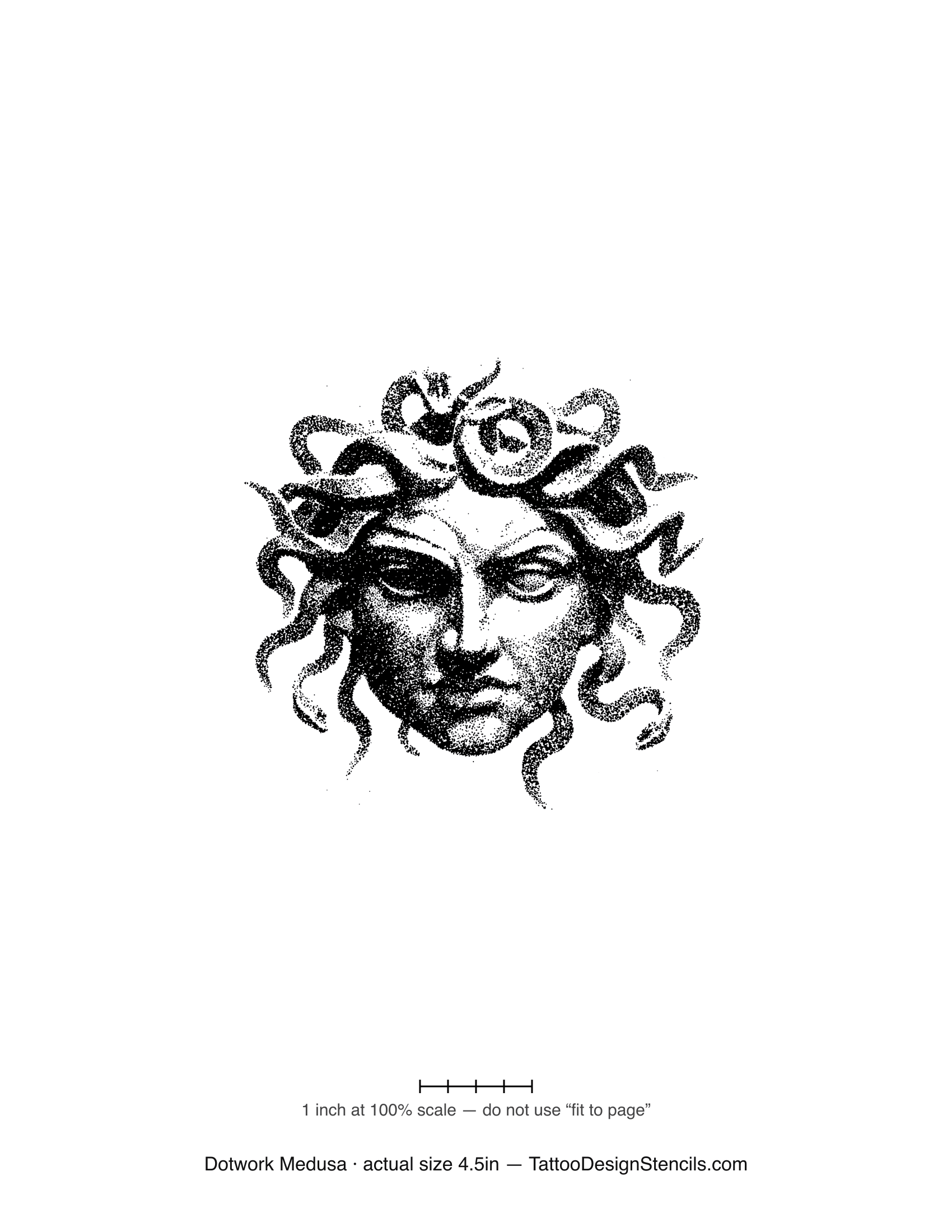 Dotwork Medusa tattoo stencil — realistic stippled face with coiling snakes