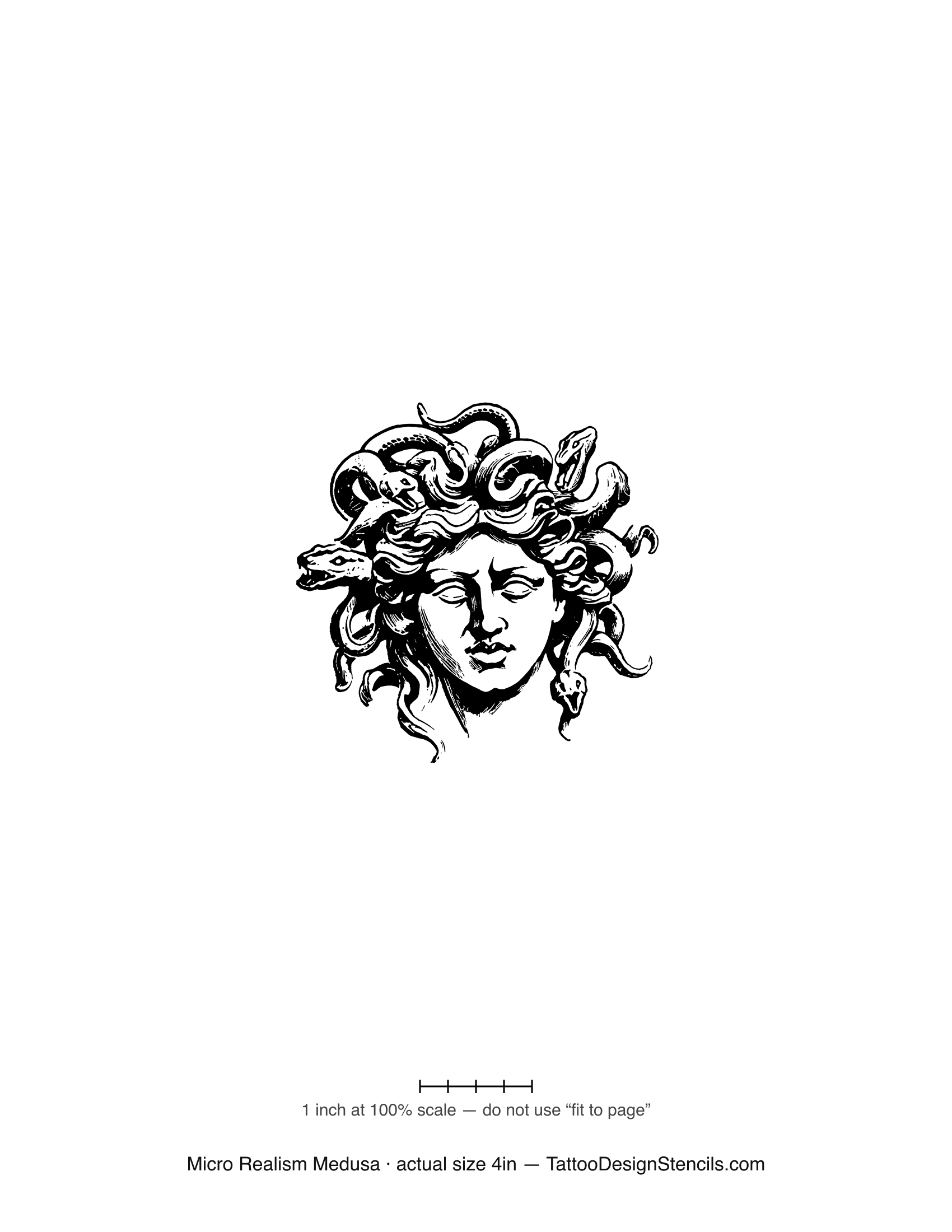 Micro realism Medusa tattoo stencil — realistic sculpted face with dense snakes