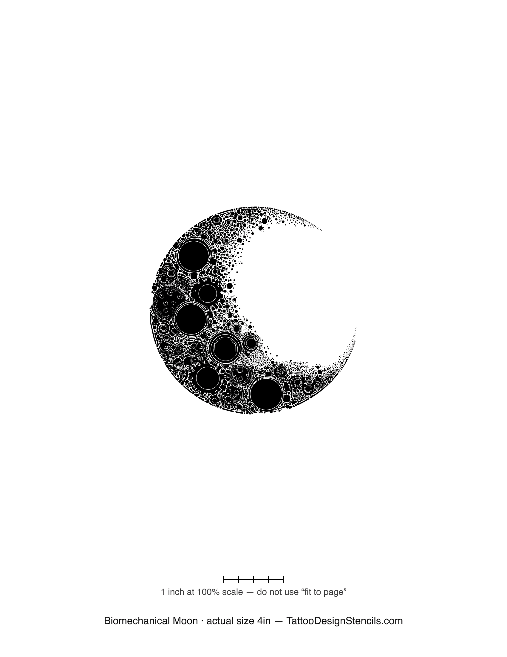 Biomechanical moon tattoo stencil — crescent of interlocking mechanical bands