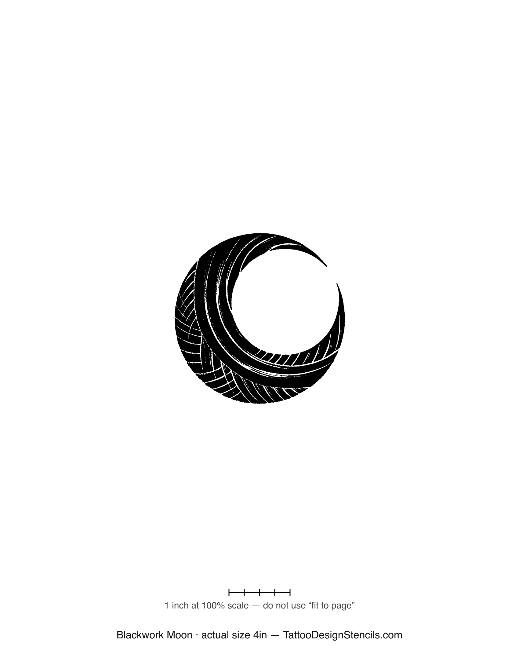 Blackwork moon tattoo stencil — bold crescent with patterned linework fill