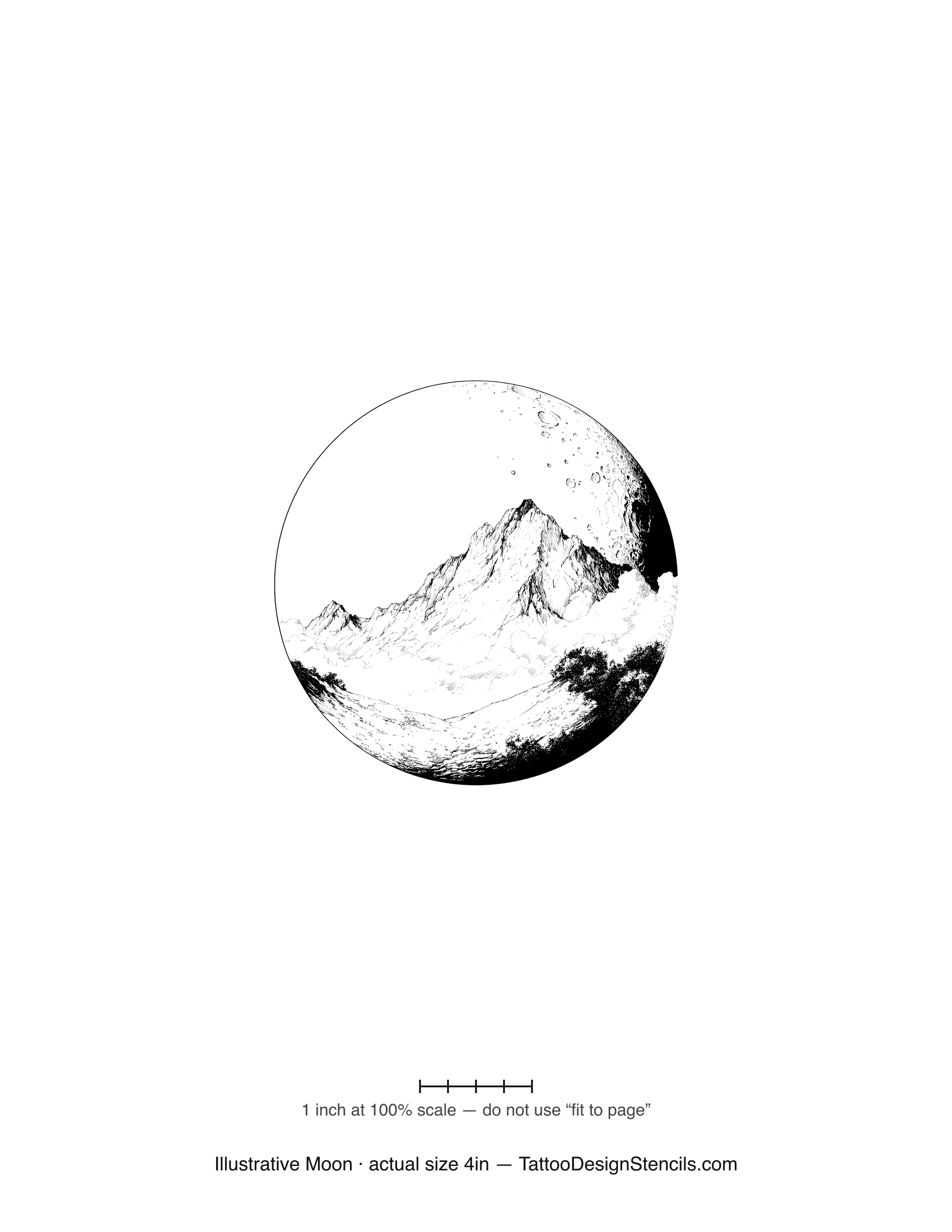 Illustrative moon tattoo stencil — crescent framing an engraved mountain moonscape