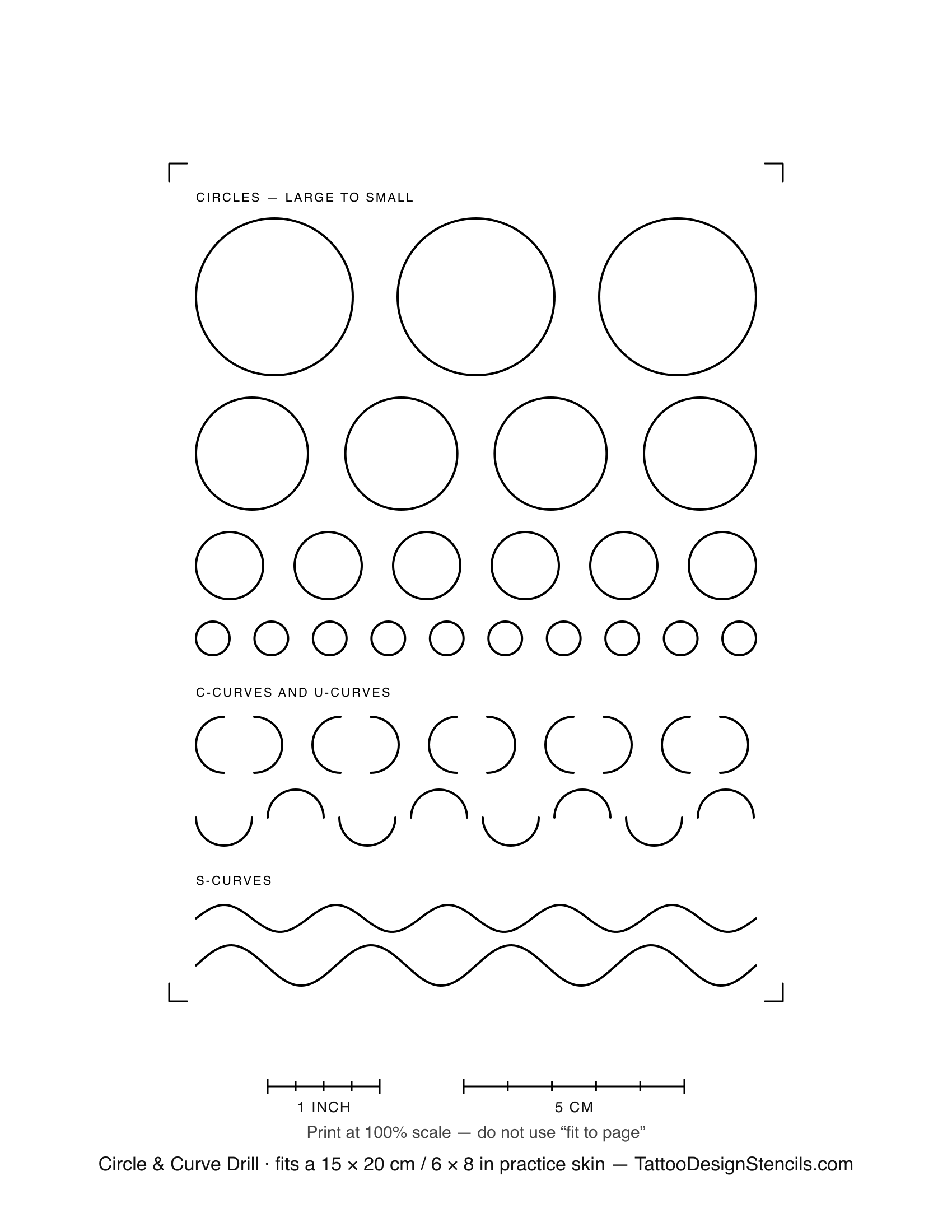 Tattoo curve practice sheet — circles in four sizes, C-curves and long S-curve guide lines