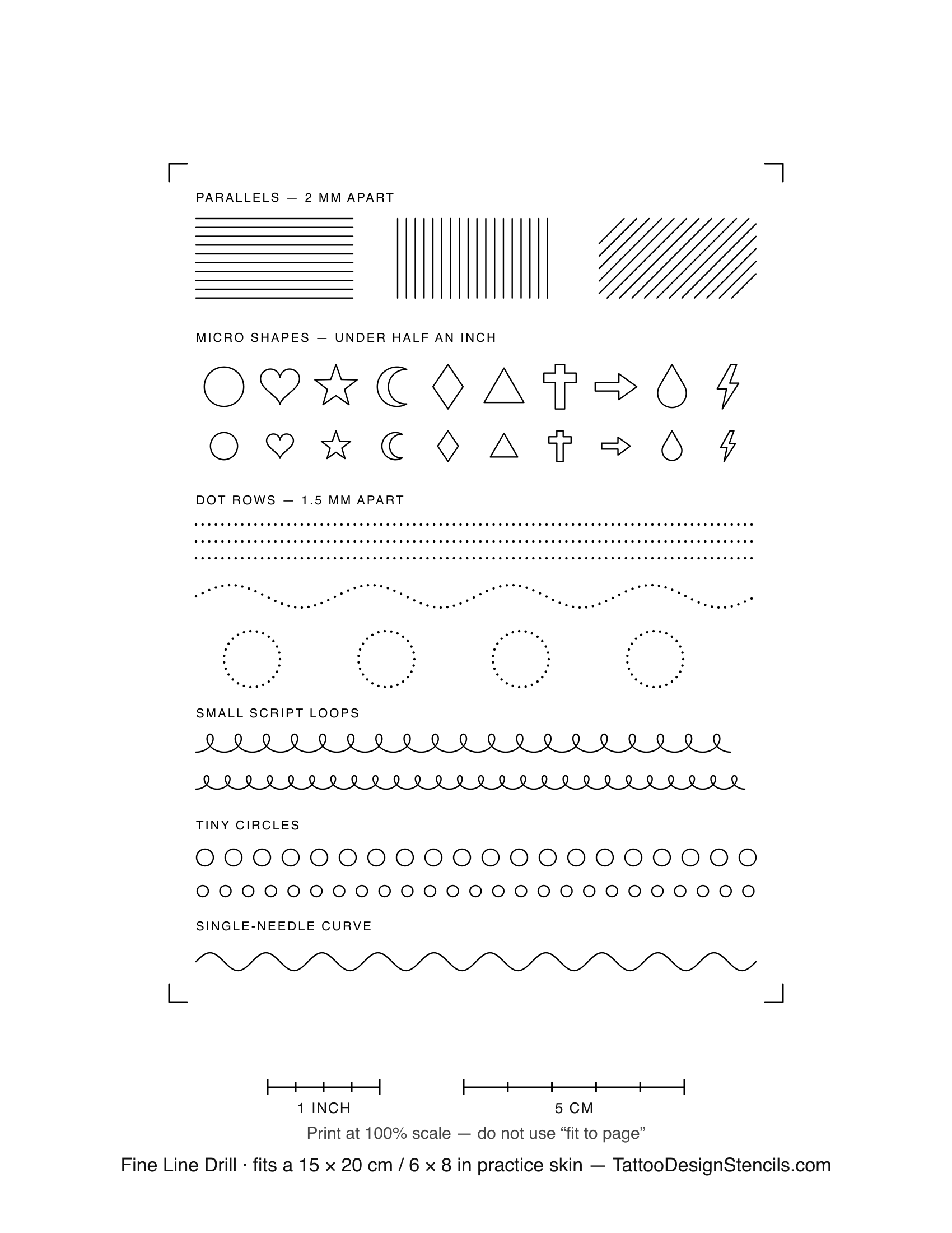 Fine line tattoo practice sheet — tightly spaced parallel lines, tiny shapes, dot rows and small loops