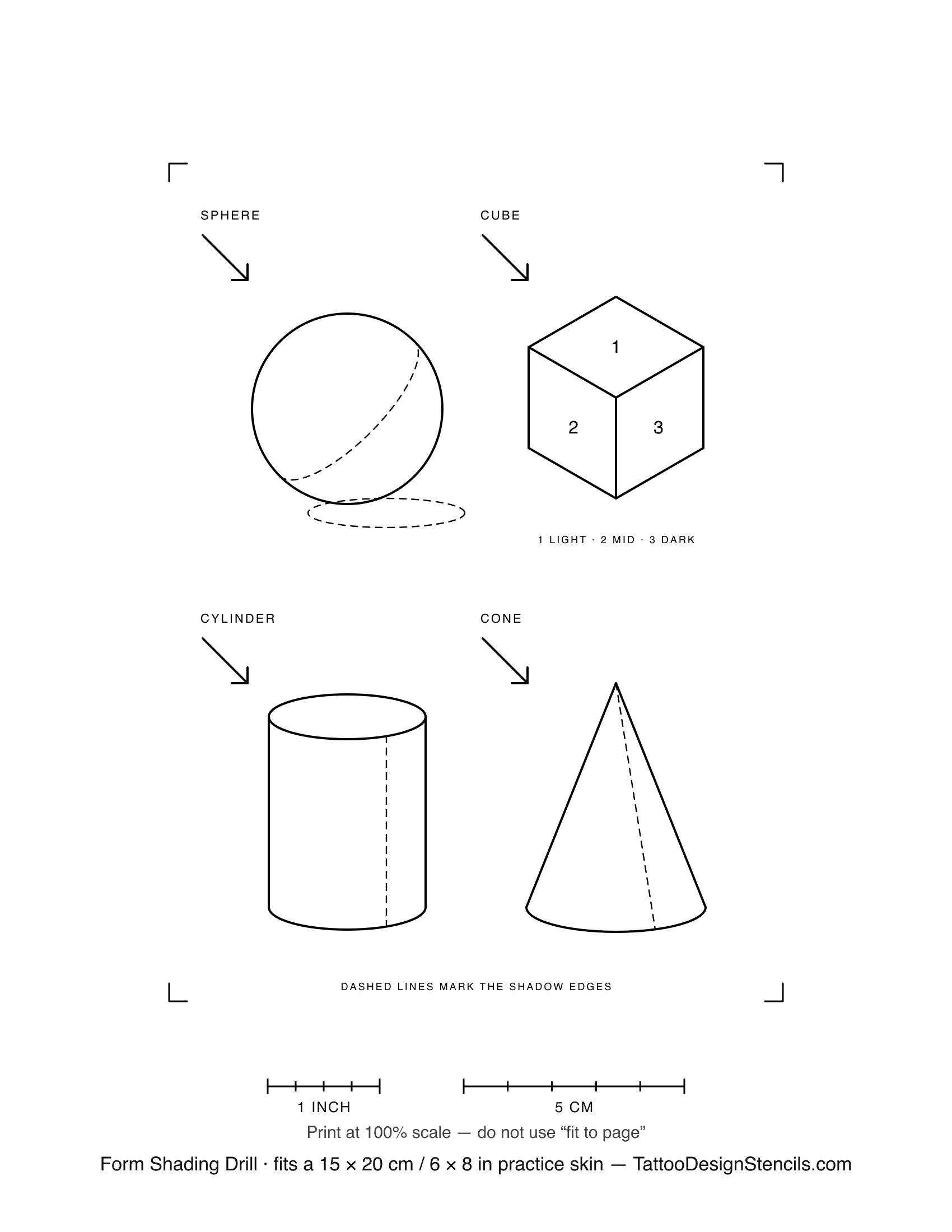 Tattoo form shading practice sheet — sphere, cube, cylinder and cone with light direction and shadow lines
