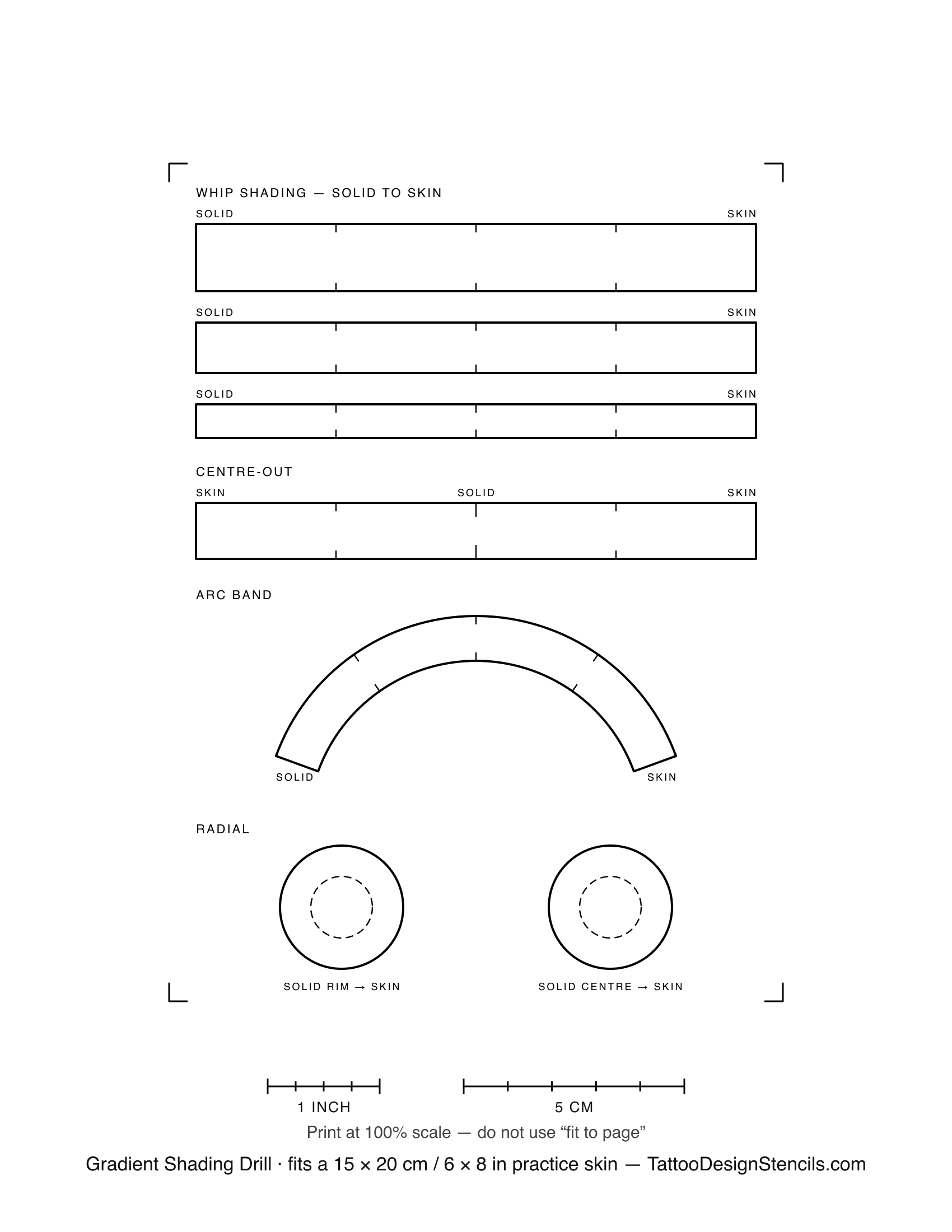 Tattoo shading practice sheet — outlined gradient bars, arc band and circles marked solid to skin