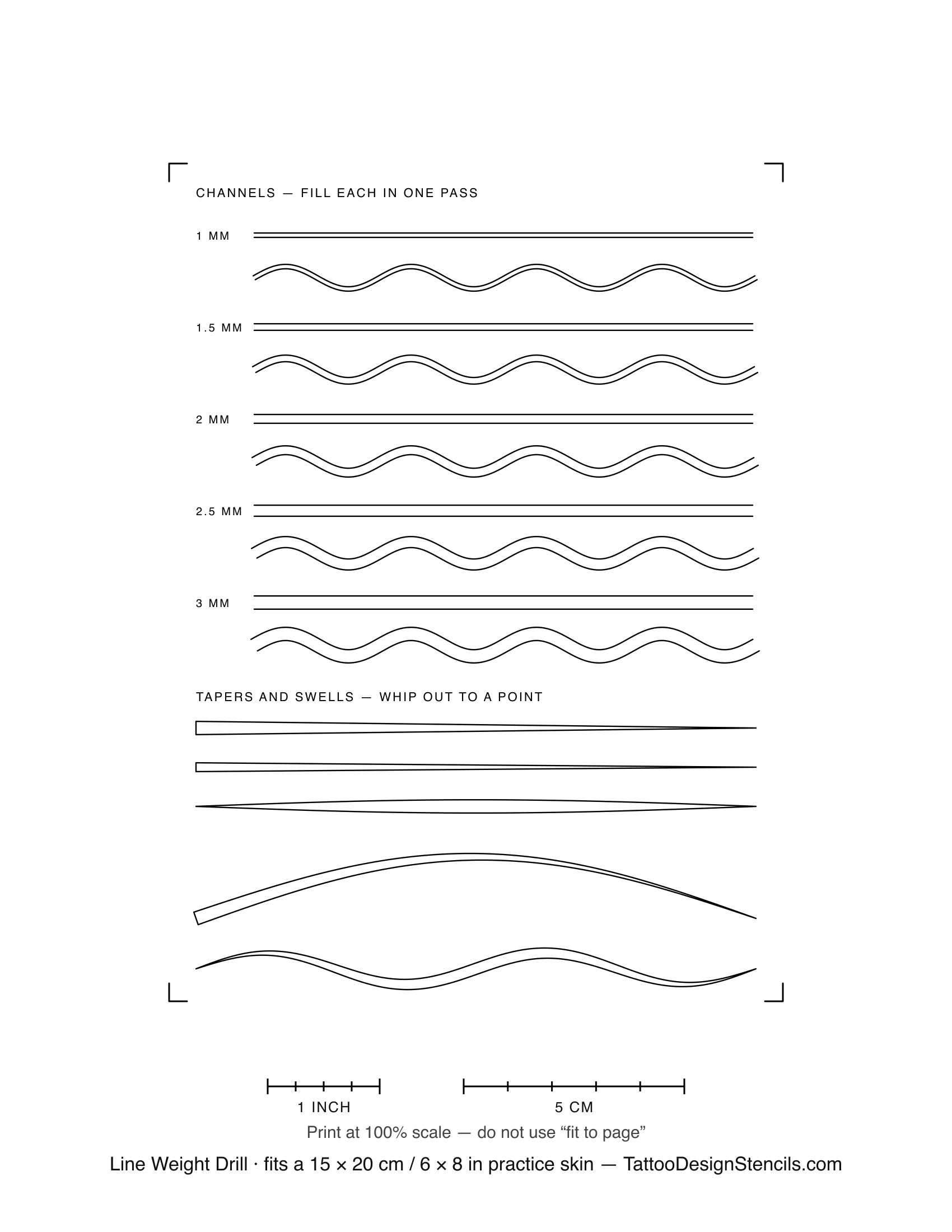 Tattoo line weight practice sheet — paired guide channels from 1 mm to 3 mm wide, straight, curved and tapered