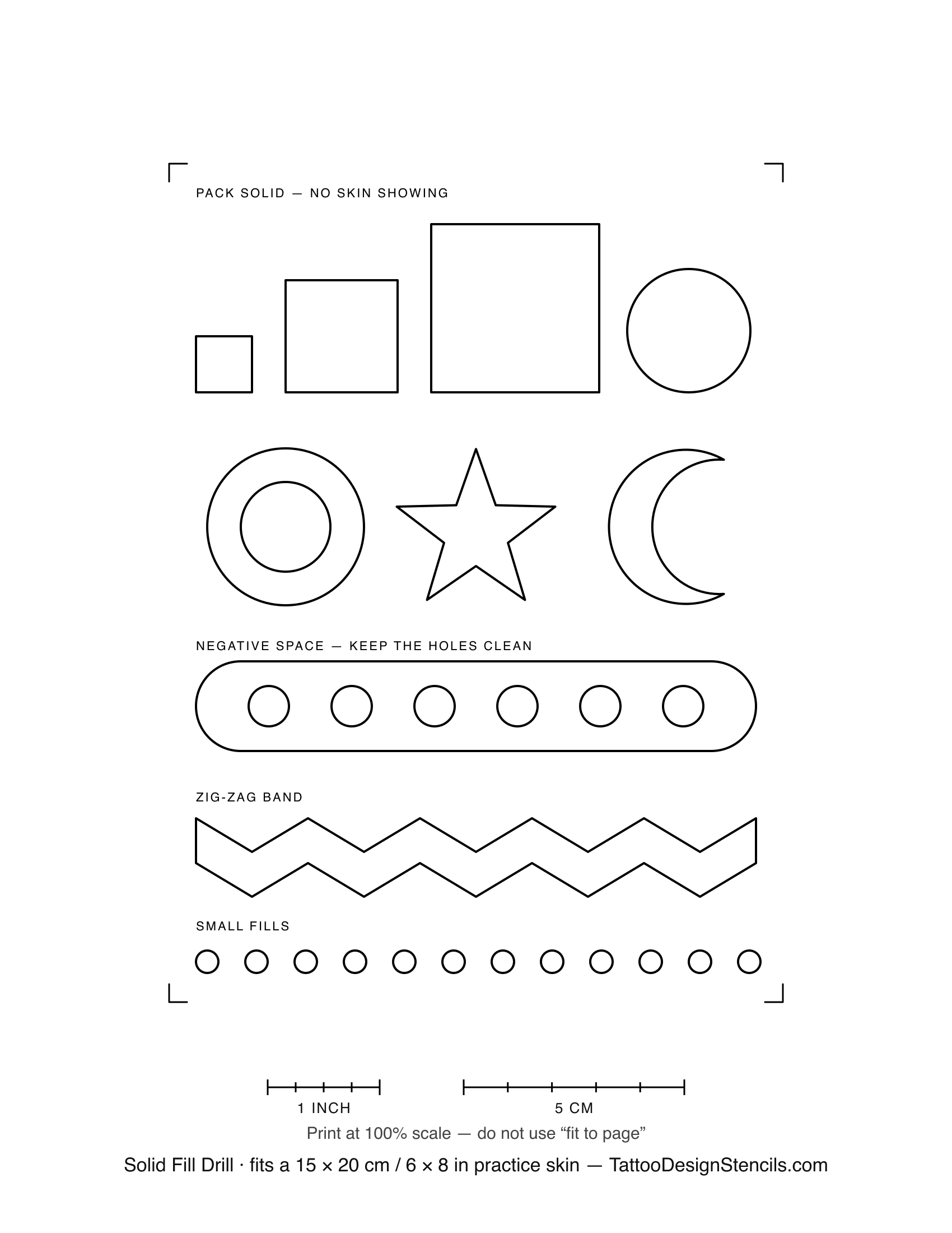 Tattoo solid black packing practice sheet — squares, circle, ring, star, crescent and bands to fill