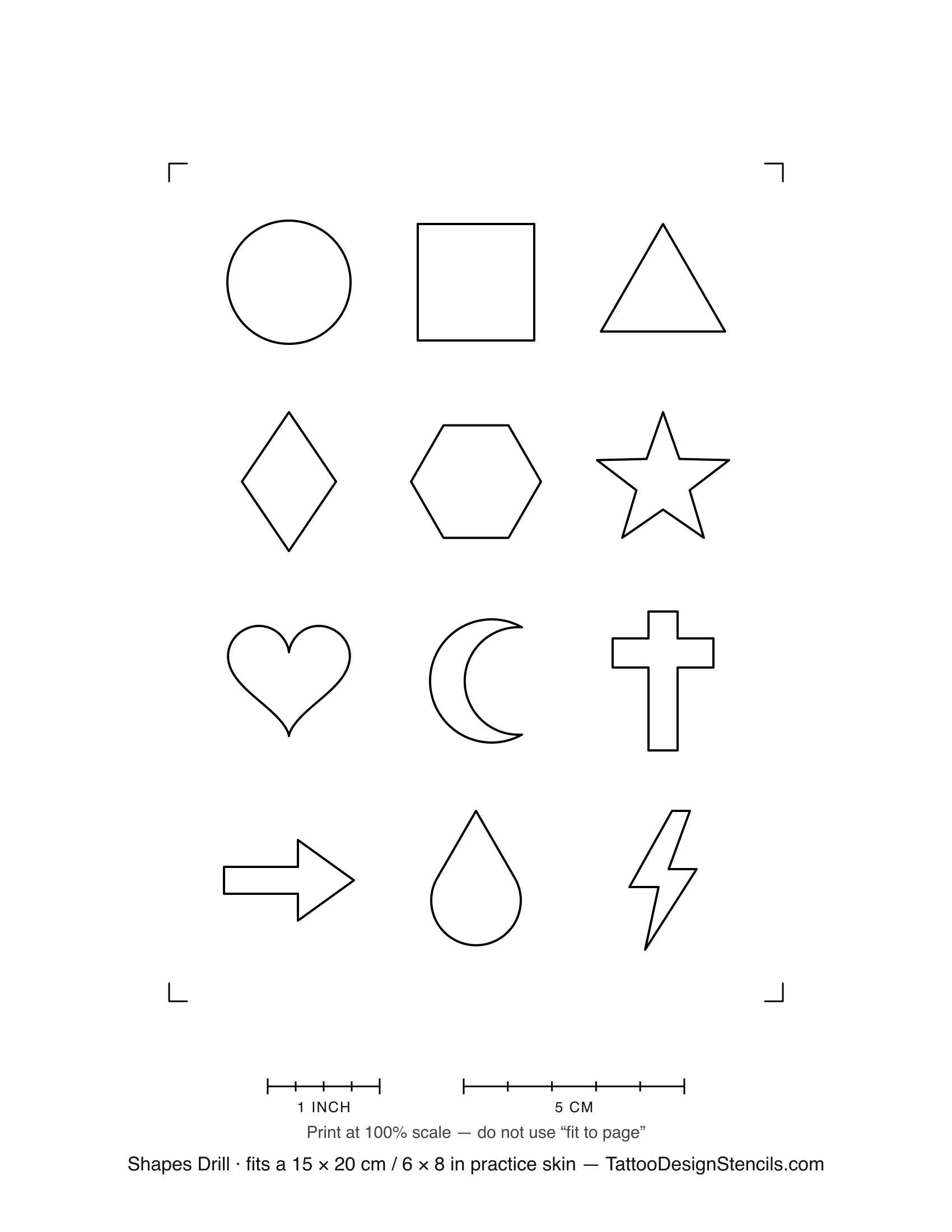 Tattoo practice shapes sheet — twelve simple outline shapes including star, heart, crescent and lightning bolt