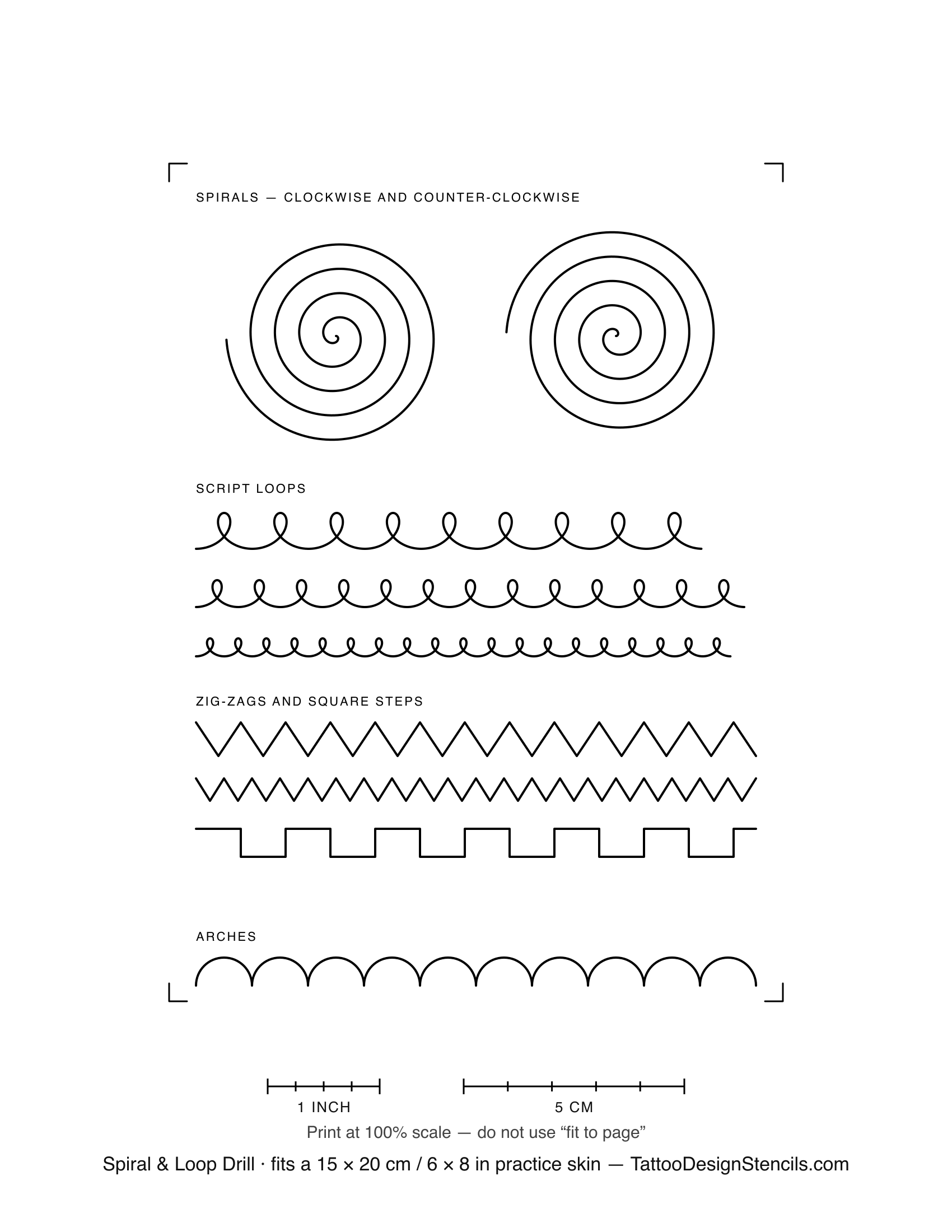 Tattoo linework practice sheet — clockwise and counter-clockwise spirals, script loops and zig-zag rows