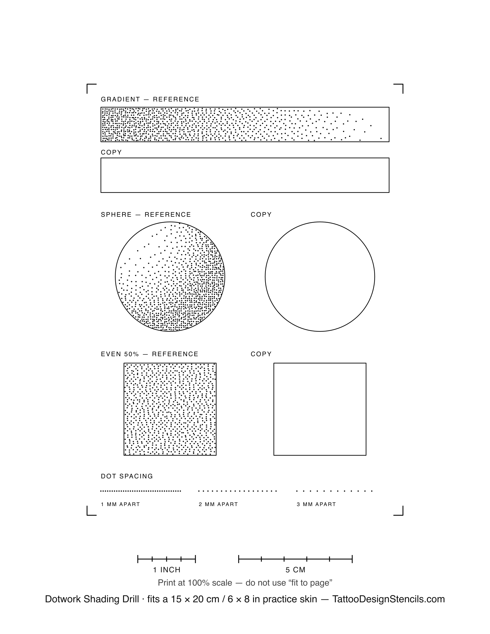Dotwork tattoo shading practice sheet — stipple gradient references beside empty outlines to copy