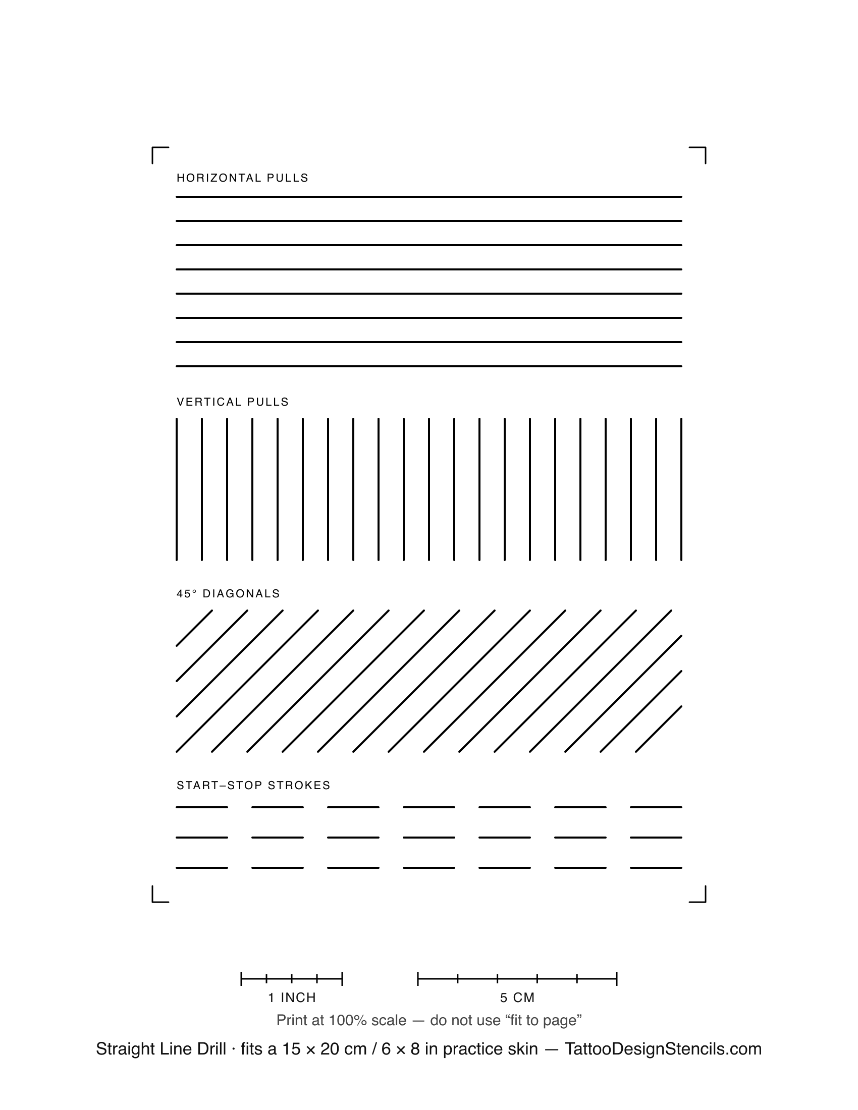 Tattoo line practice sheet — rows of horizontal, vertical and diagonal straight guide lines plus short strokes