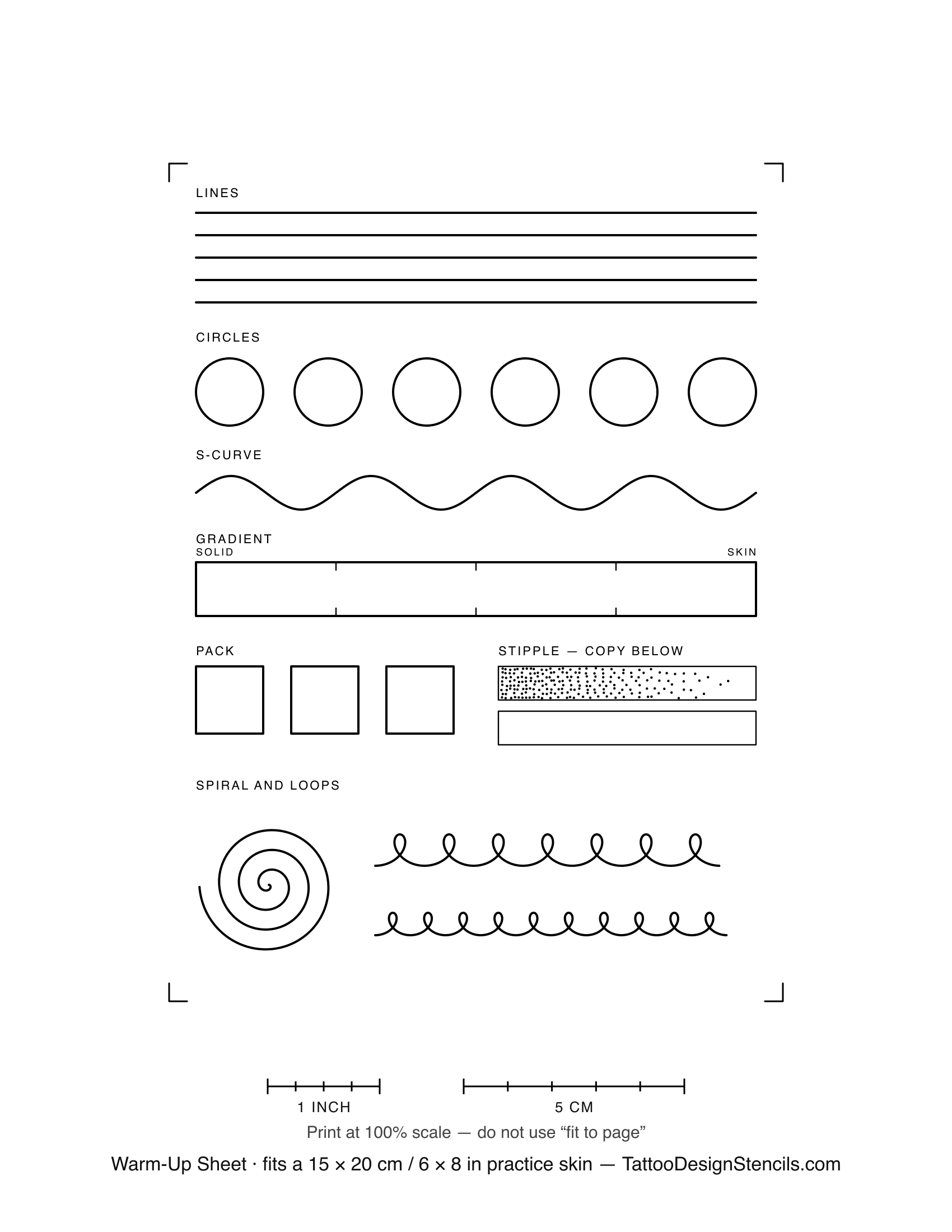 Tattoo practice warm-up sheet — straight lines, circles, S-curve, gradient bar, solid fill squares and stipple strip