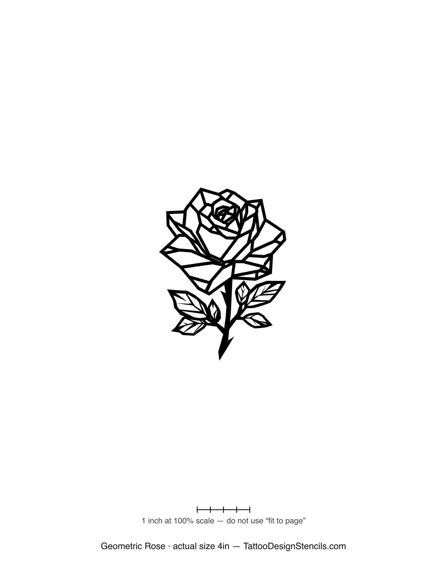 Geometric rose tattoo stencil — faceted low-poly linework rose with stem and leaves