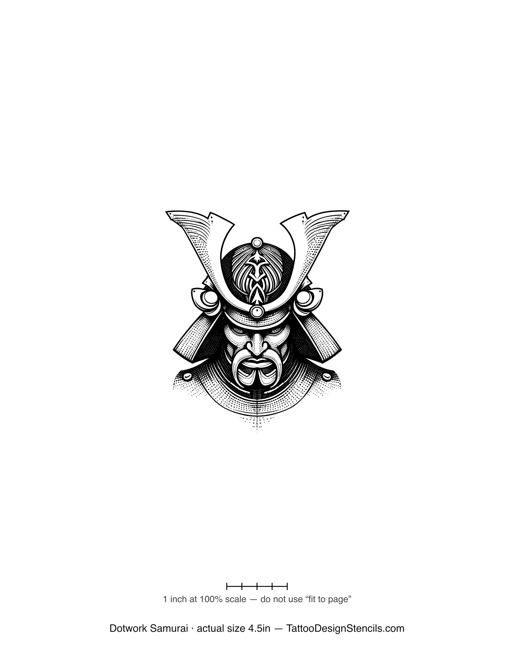Dotwork samurai tattoo stencil — helmet and mask in fine stipple