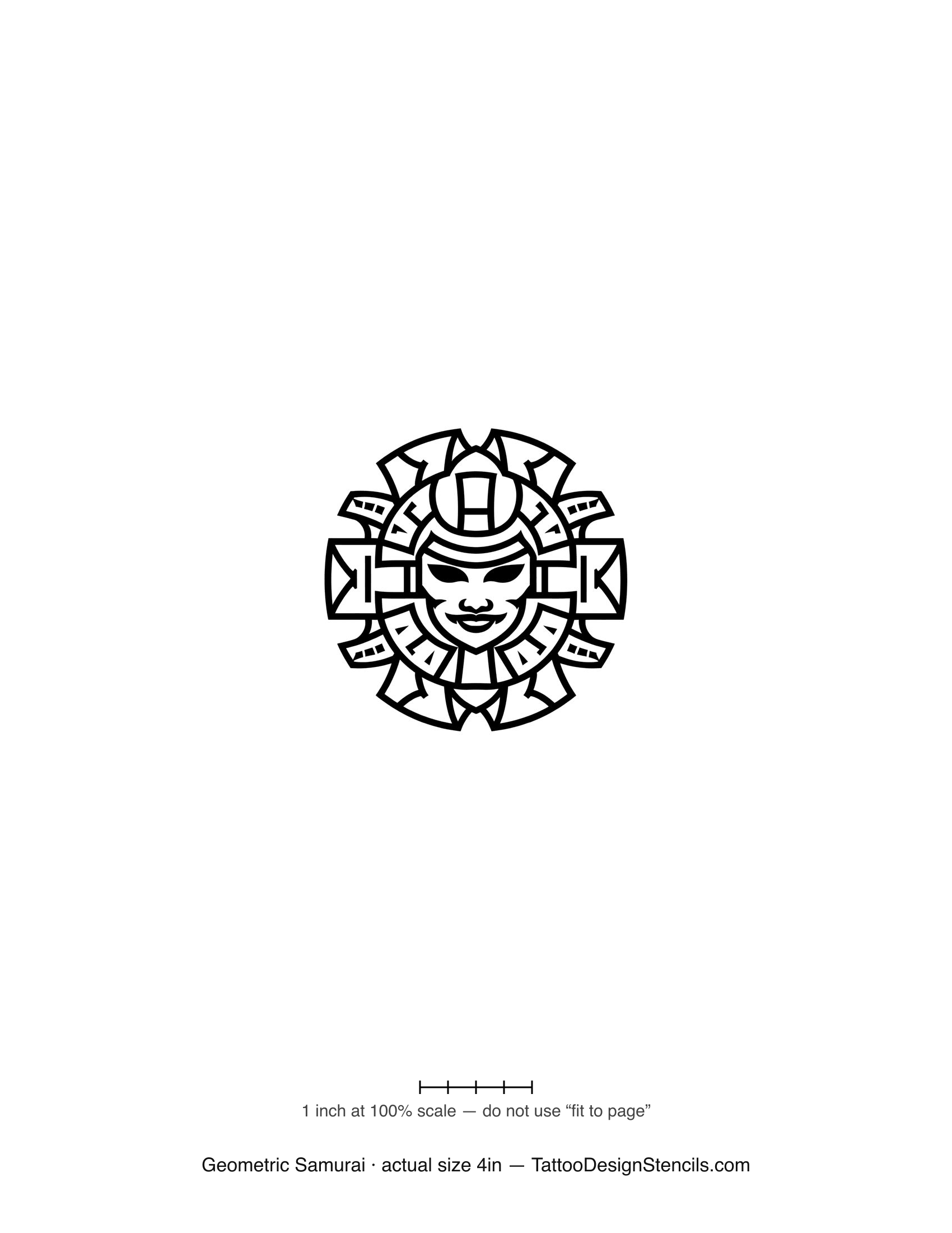 Geometric samurai tattoo stencil — face in a geometric medallion