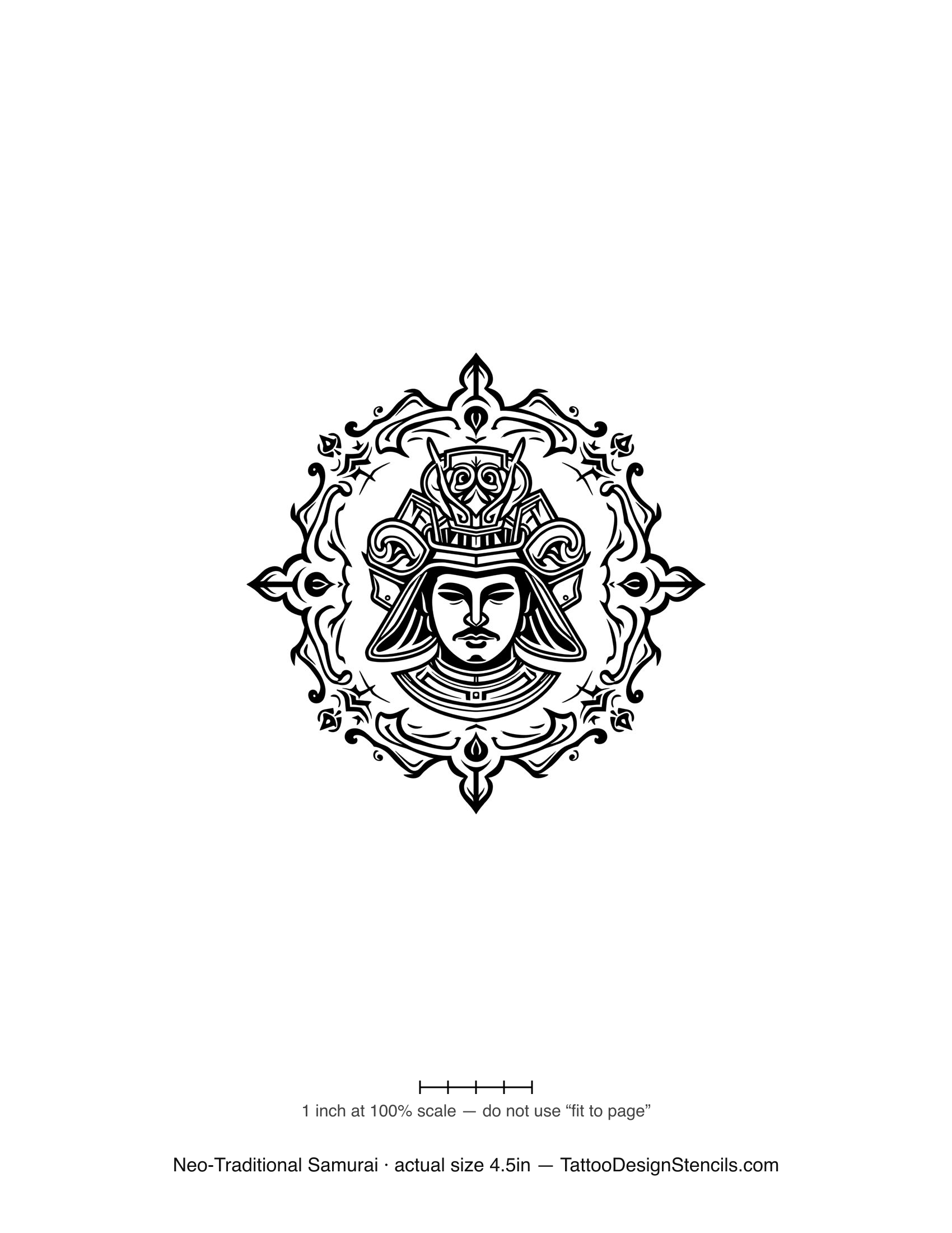Neo-traditional samurai tattoo stencil — ornate mask with decorative flourishes