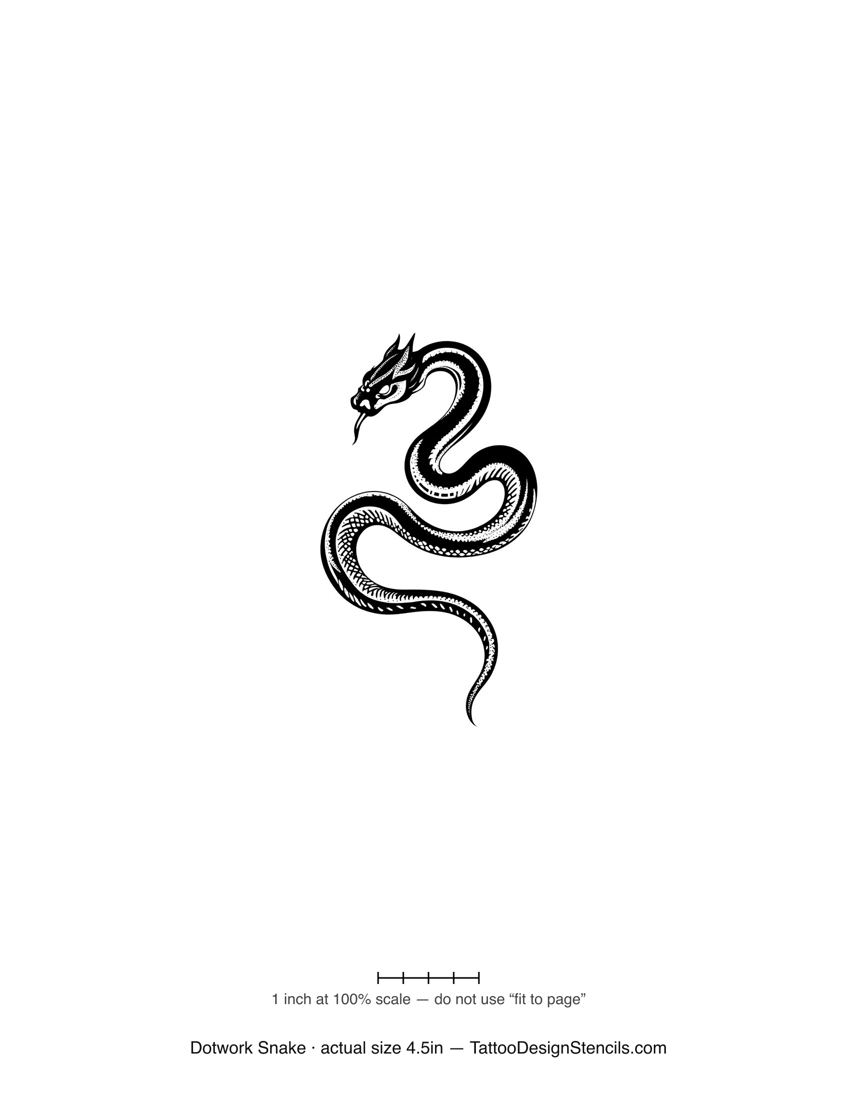 Dotwork snake tattoo stencil — realistic scaled serpent in fine stipple