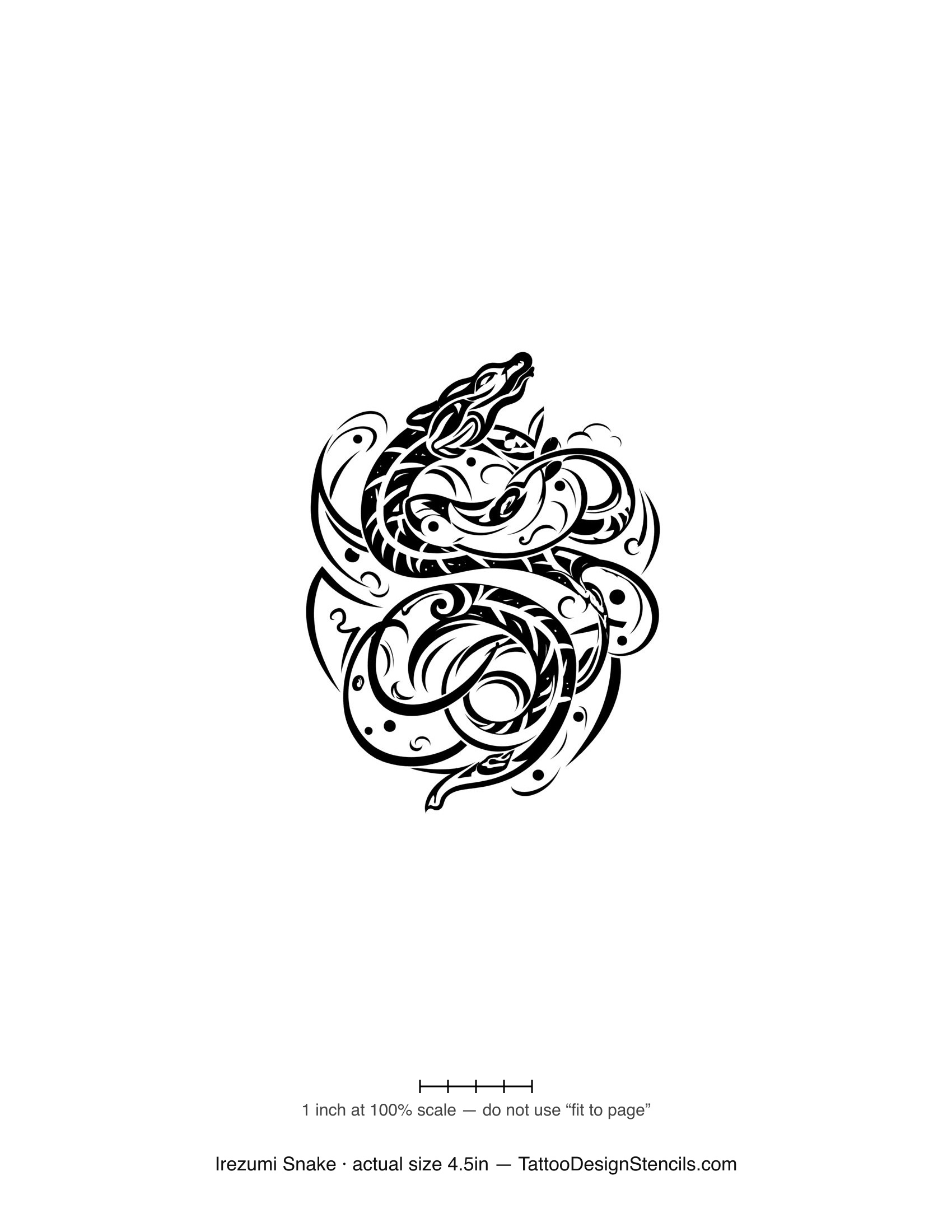 Japanese irezumi snake tattoo stencil — bold coiled serpent with patterned scales