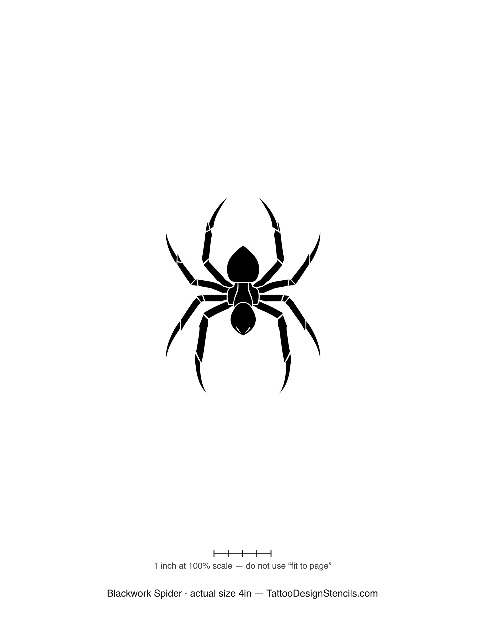 Blackwork spider tattoo stencil — bold symmetric solid-black spider