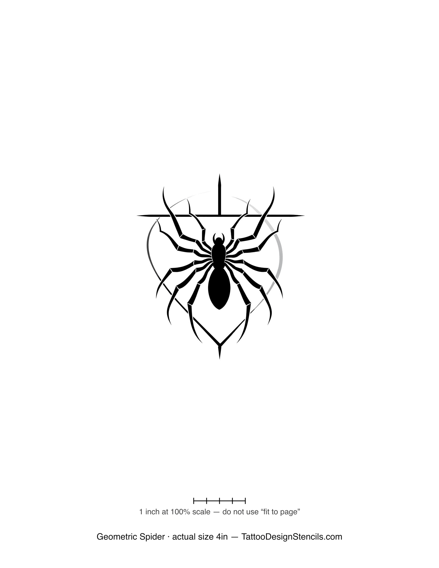 Geometric spider tattoo stencil — spider in a fine geometric cross frame