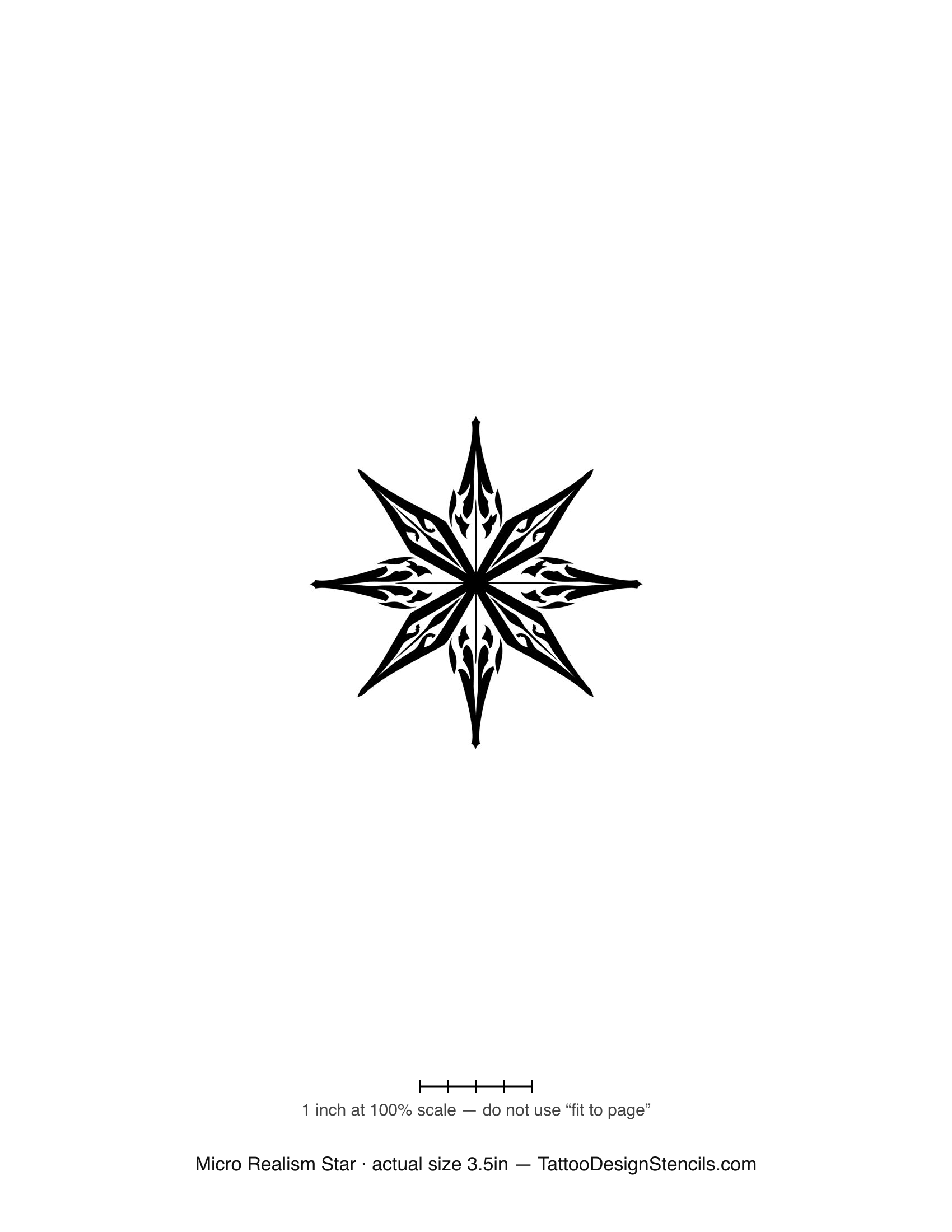 Micro realism star tattoo stencil — finely detailed faceted star burst