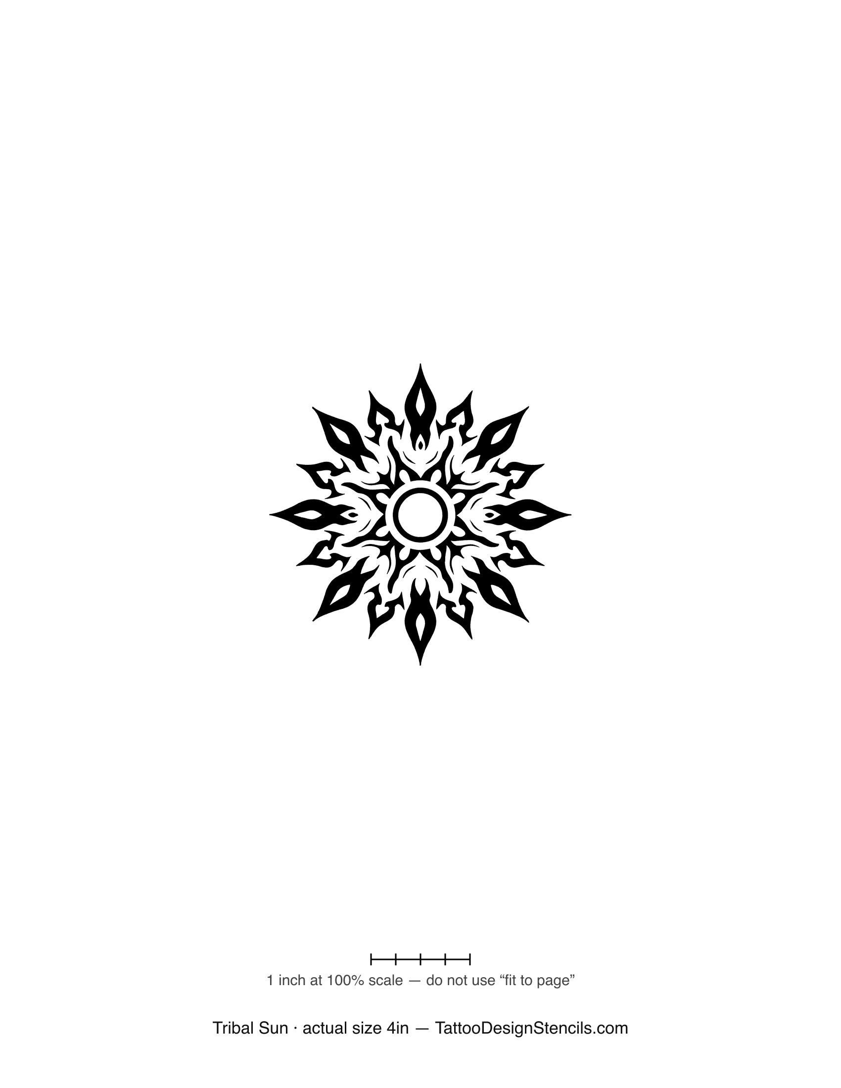 Tribal sun tattoo stencil — bold sweeping black rays around an open core