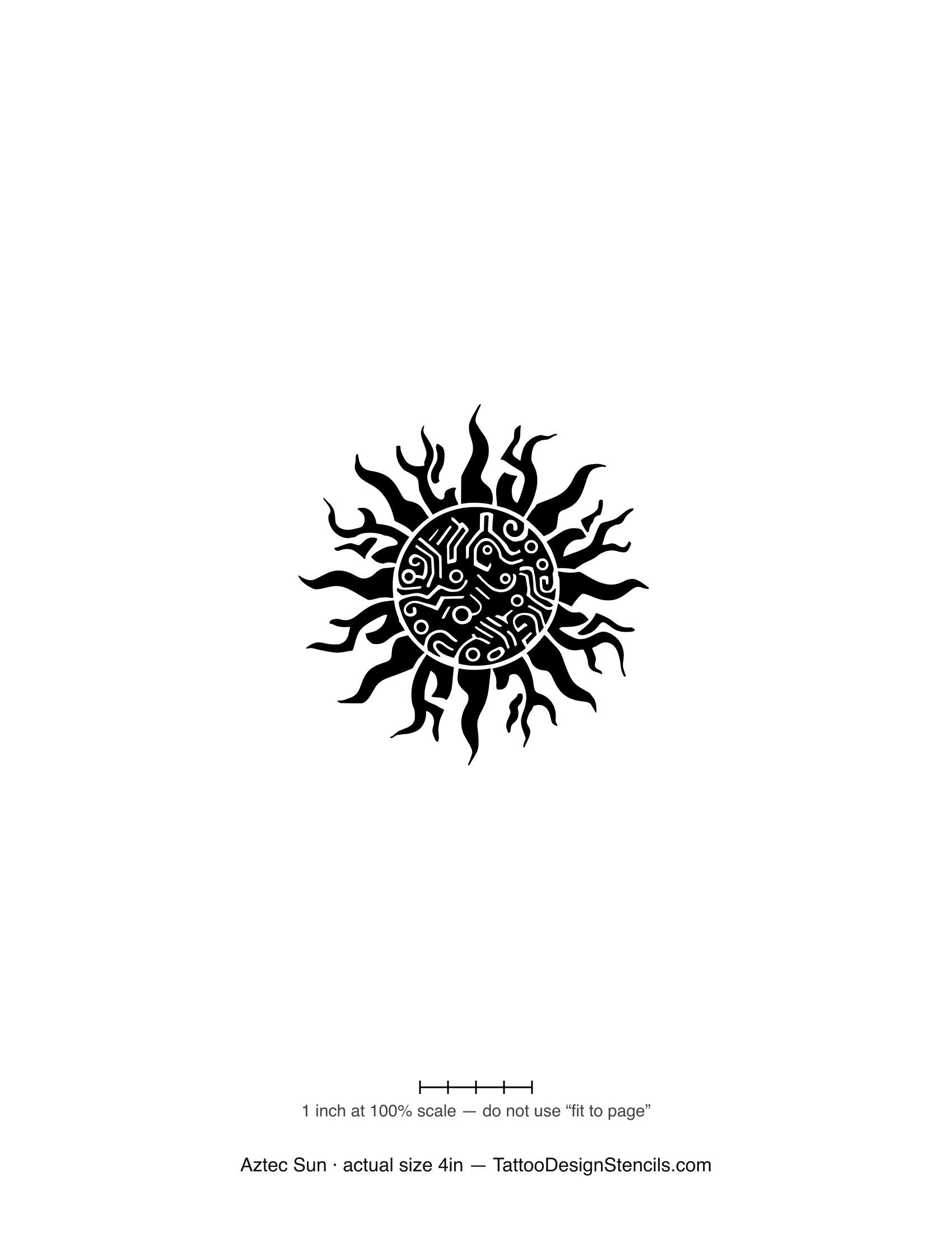 Aztec sun tattoo stencil — patterned sun face with flame rays