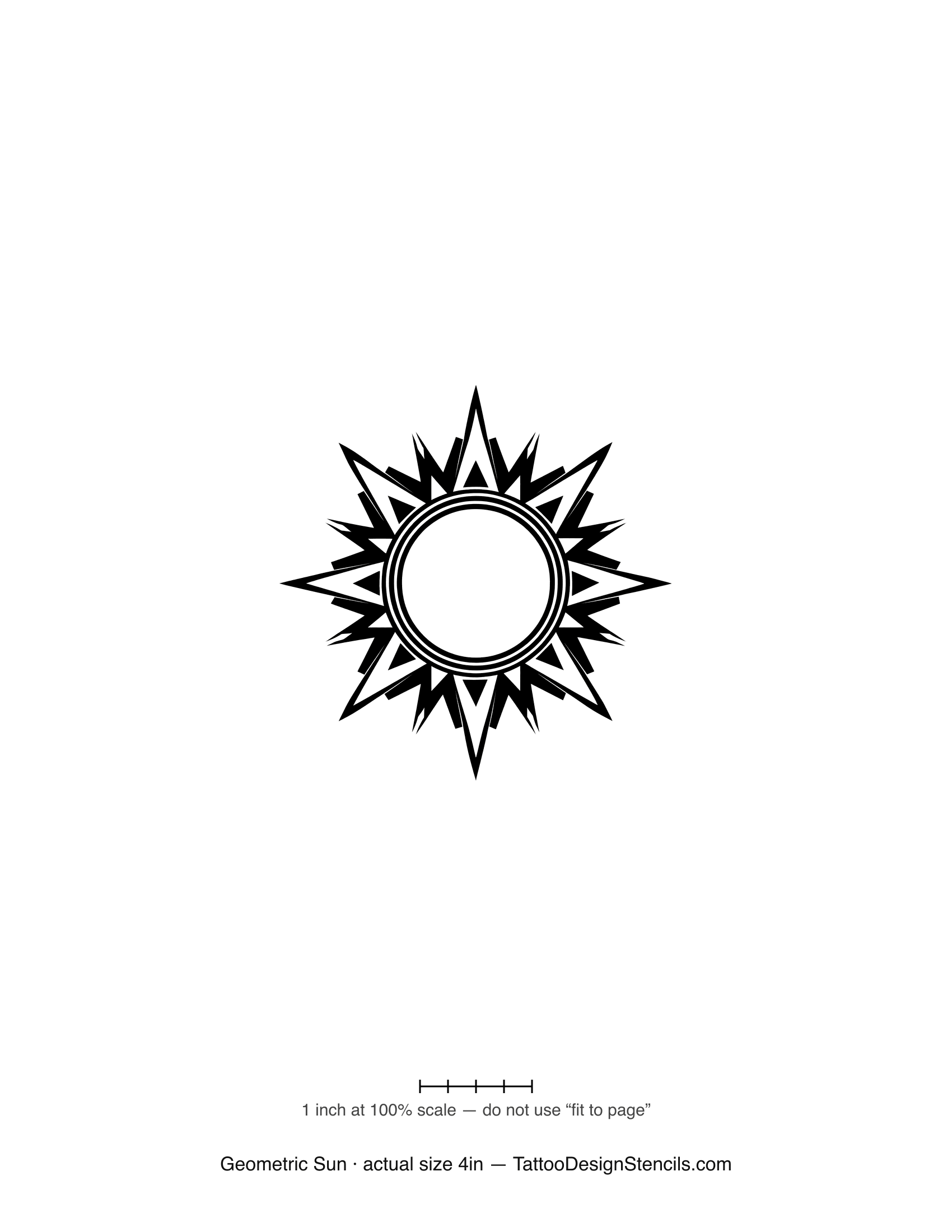Geometric sun tattoo stencil — symmetric starburst rays around a ringed core
