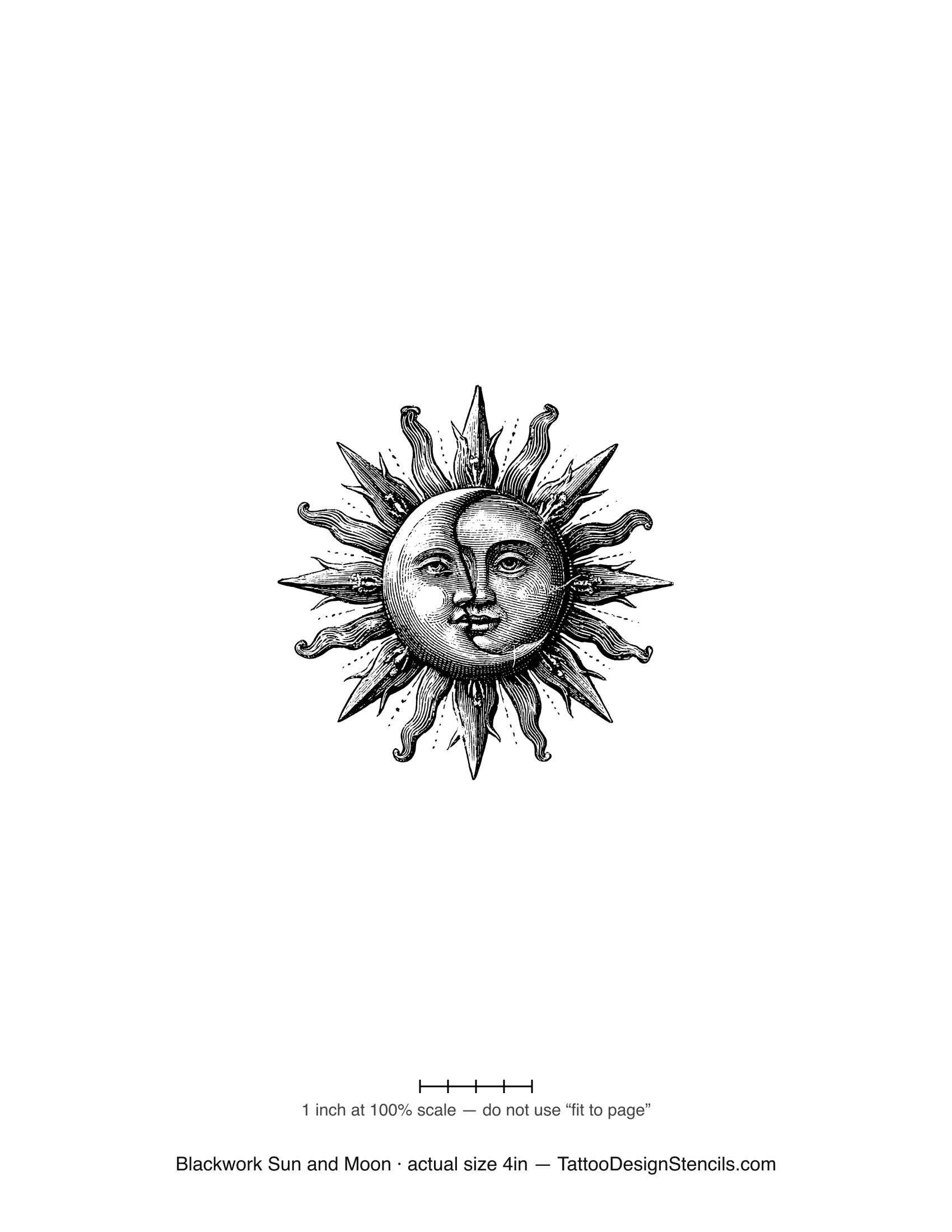 Blackwork sun and moon tattoo stencil — engraved celestial faces in bold black