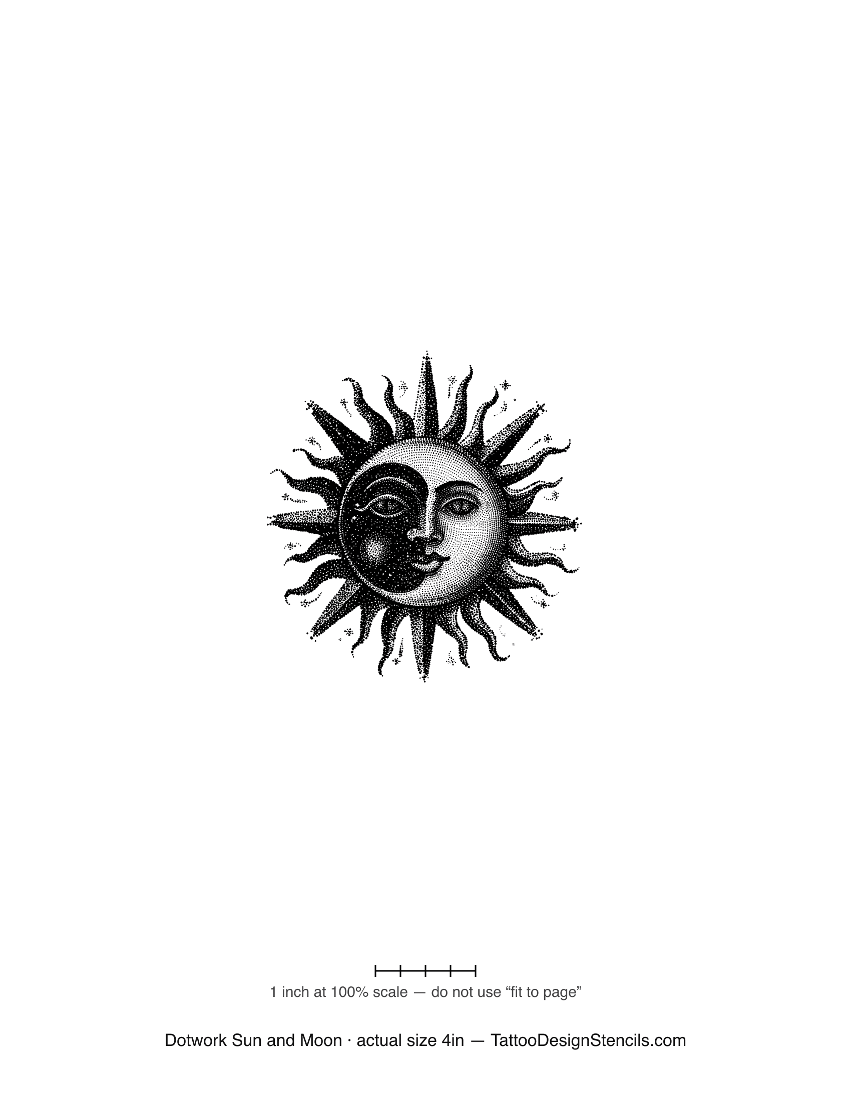 Dotwork sun and moon tattoo stencil — celestial faces in fine stipple shading