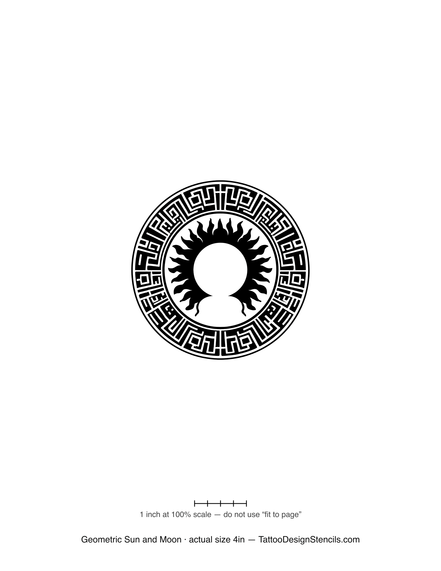 Geometric sun and moon tattoo stencil — celestial motif in a Greek key ring