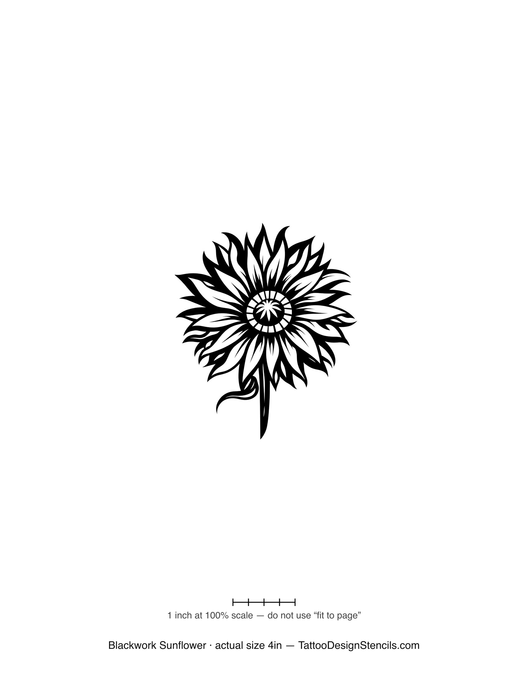 Blackwork sunflower tattoo stencil — bold solid-black petals and seeded centre