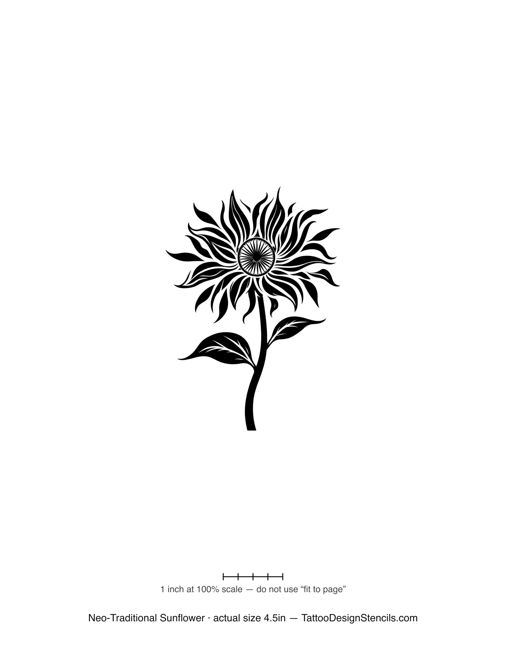 Neo-traditional sunflower tattoo stencil — ornate bloom with bold leaves