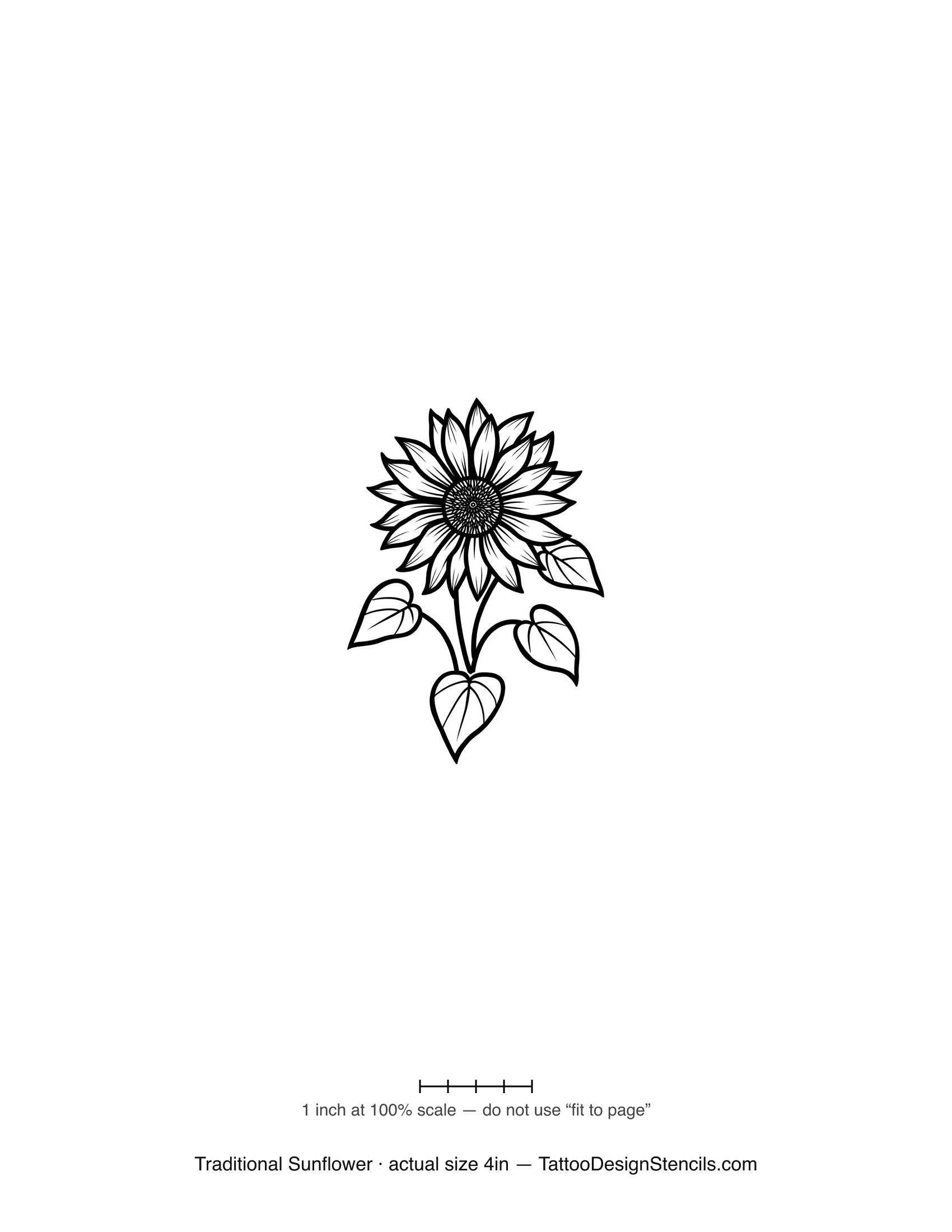 Traditional sunflower tattoo stencil — bold flash bloom with broad leaves