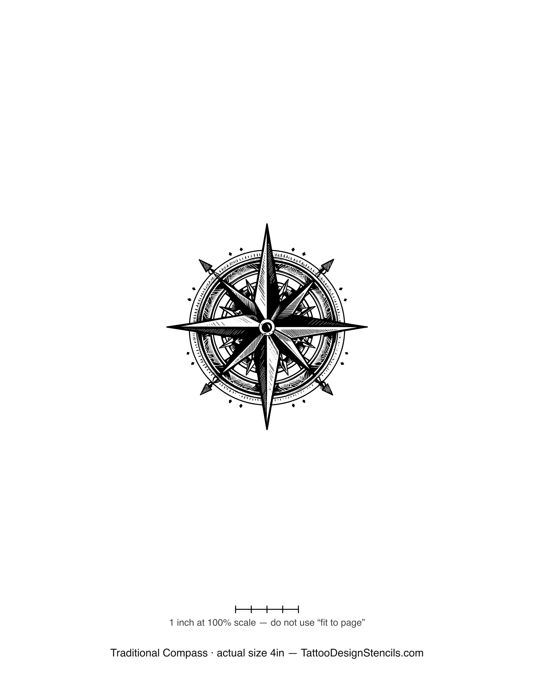 Traditional nautical compass tattoo stencil — classic flash-sheet compass rose