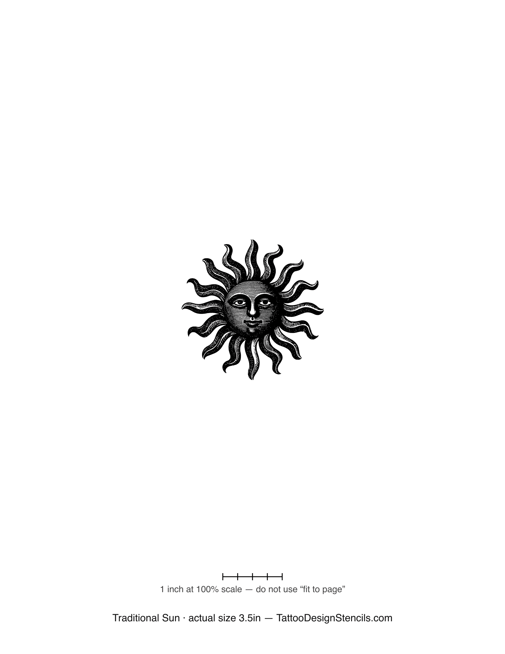 Traditional sun tattoo stencil — sun with face and wavy rays, flash style