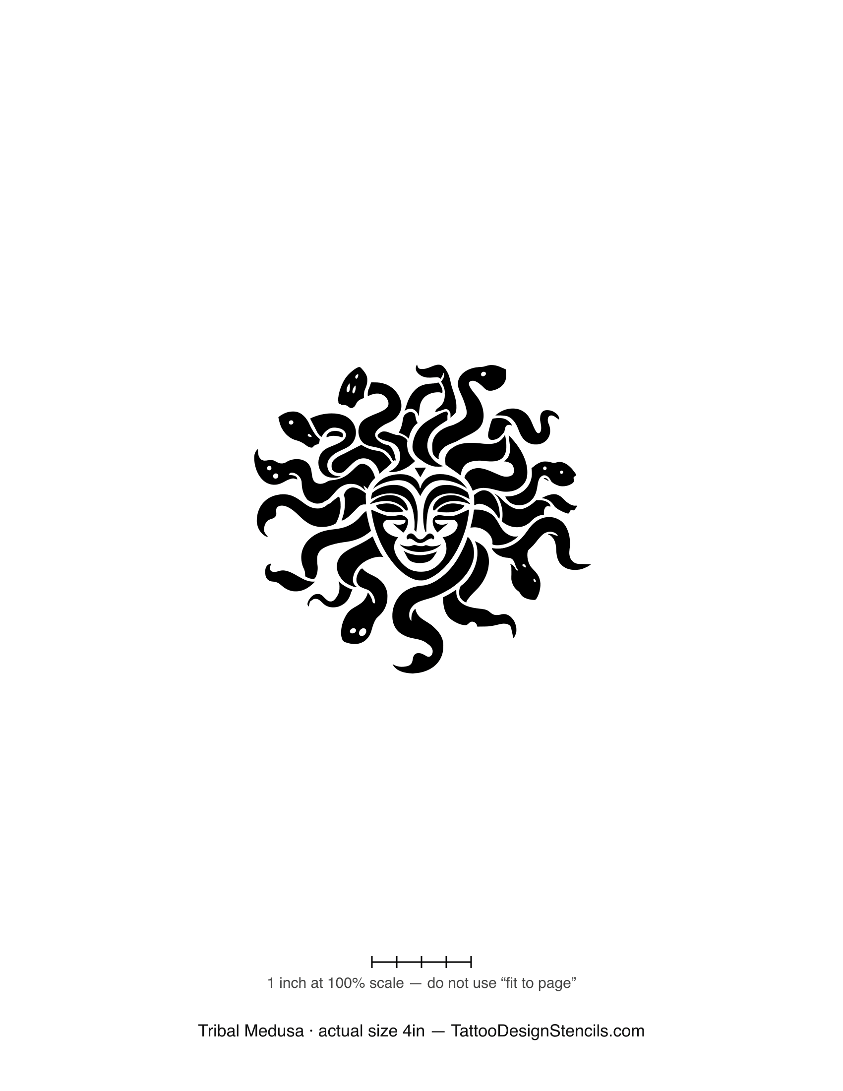Tribal Medusa tattoo stencil — face with snakes in bold tribal curves