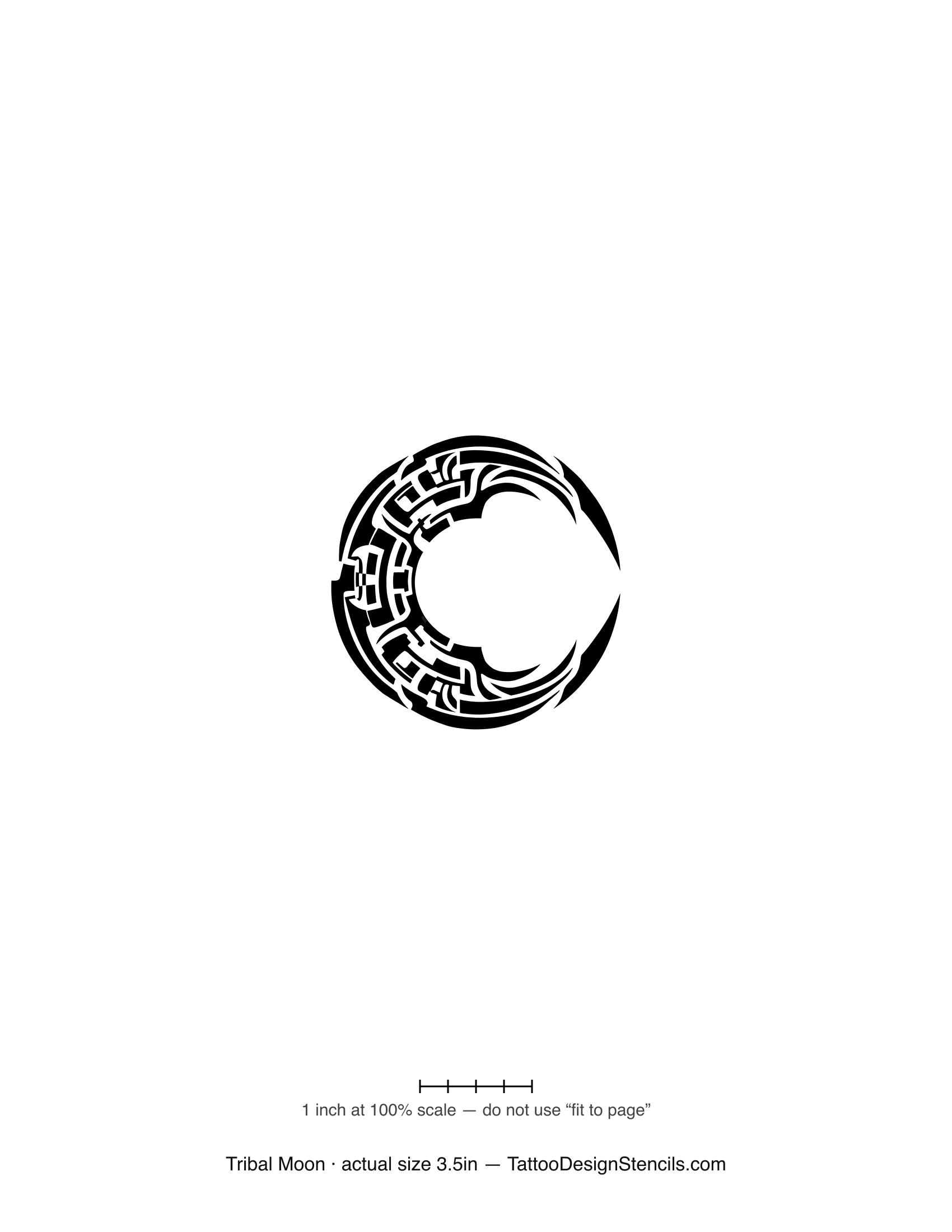 Tribal moon tattoo stencil — crescent with Polynesian-style pattern fill