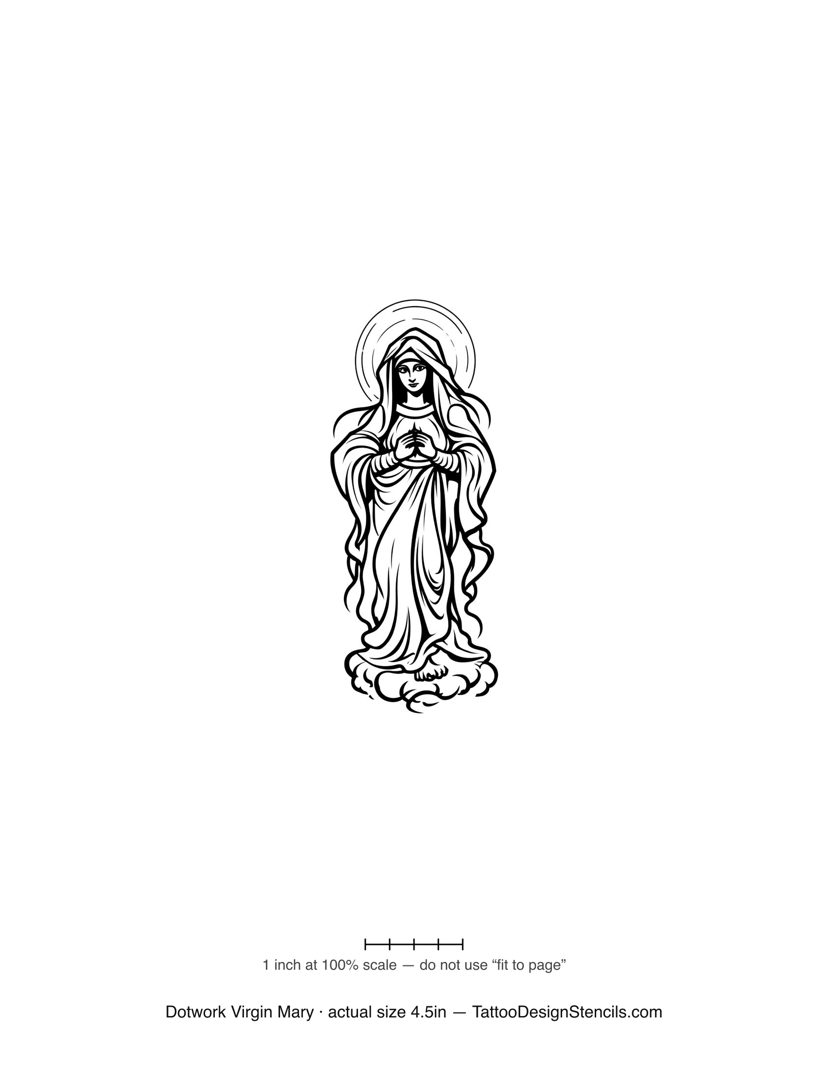 Dotwork Virgin Mary tattoo stencil — haloed praying figure in fine stipple