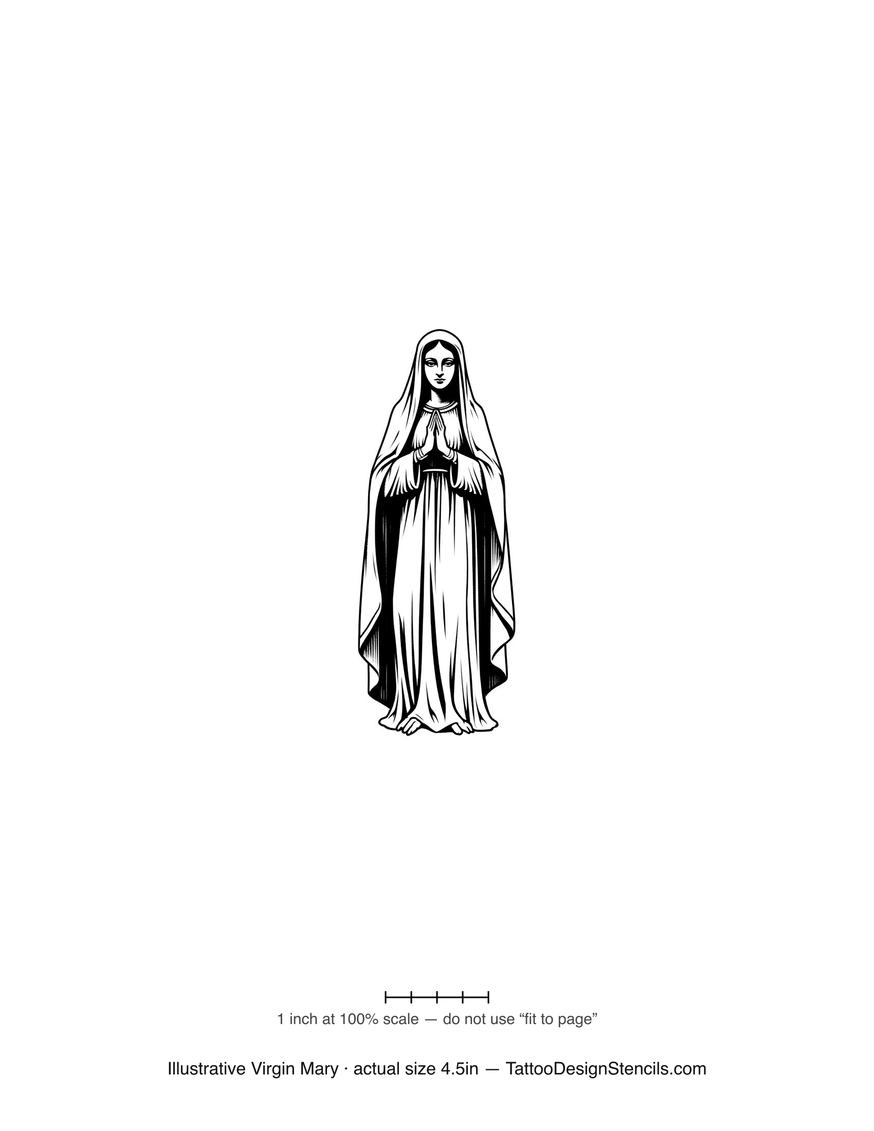 Illustrative Virgin Mary tattoo stencil — full praying figure with detailed robes