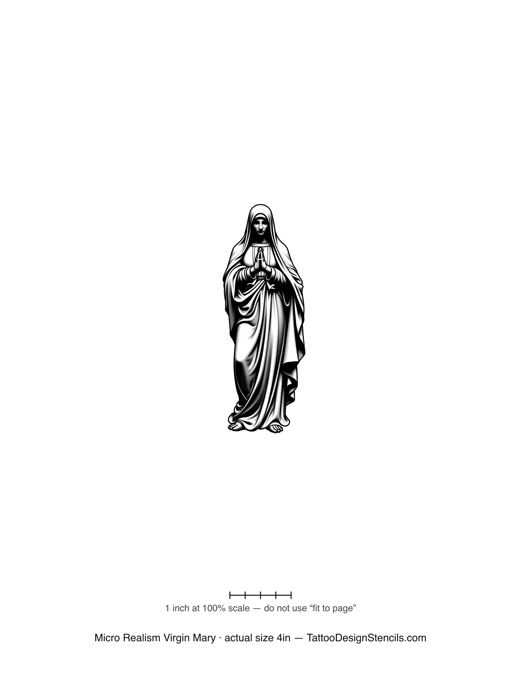 Micro realism Virgin Mary tattoo stencil — realistic praying statue with fine drapery