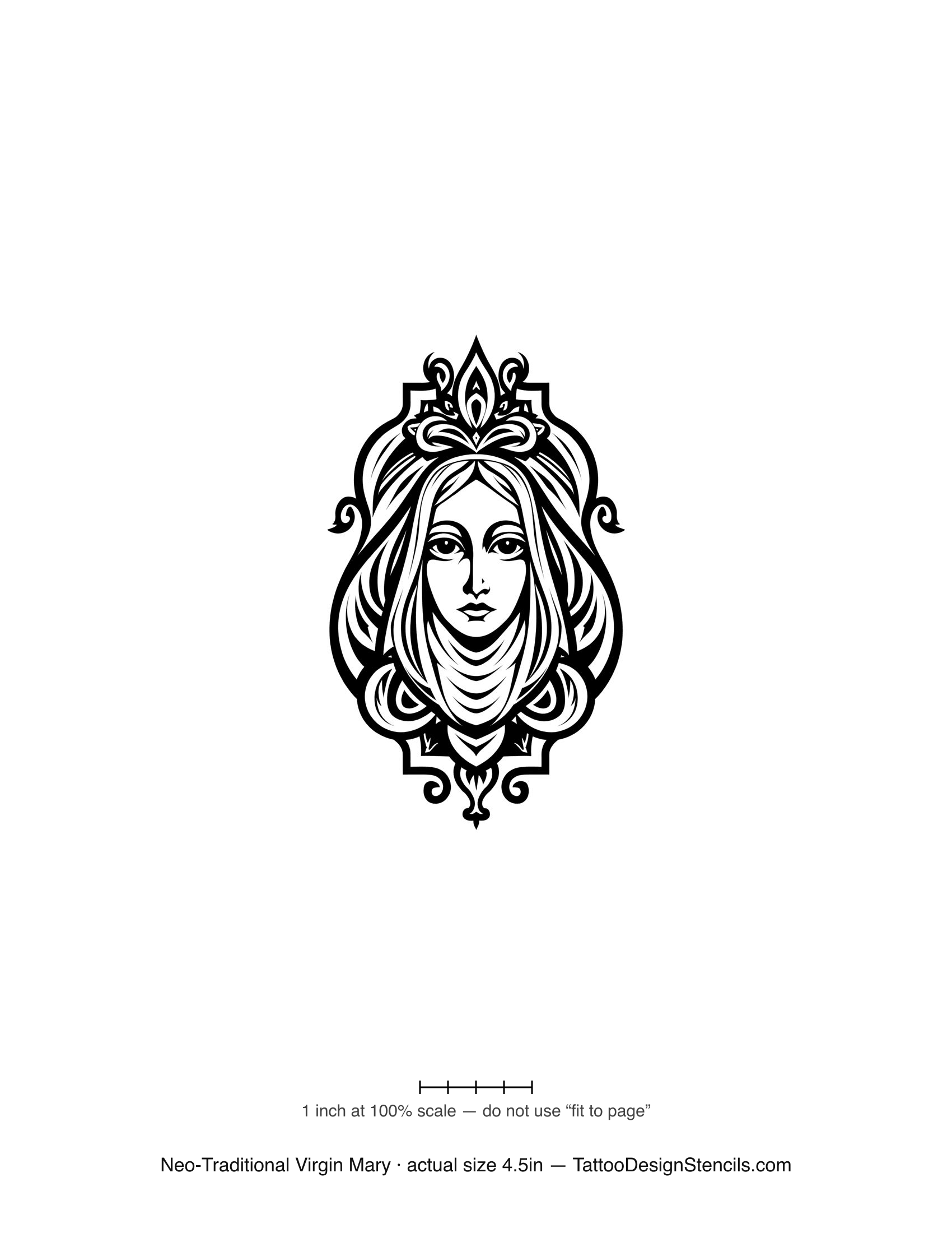 Neo-traditional Virgin Mary tattoo stencil — ornate portrait with decorative halo